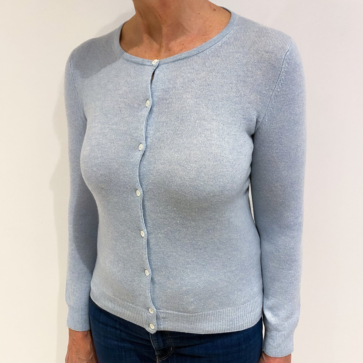 Opal Blue Cashmere Crew Neck Cardigan Medium