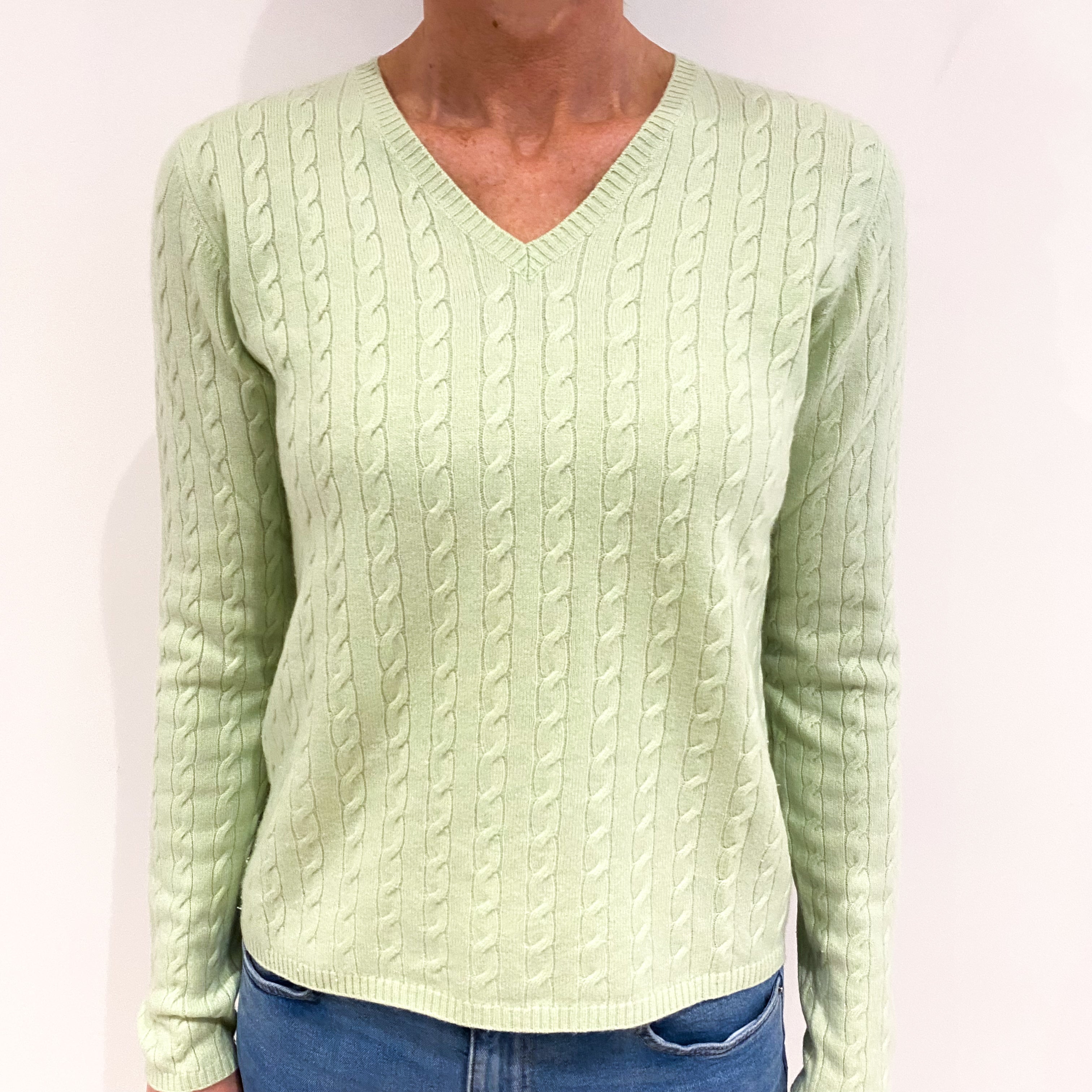 Avocado Green Cable Cashmere V Neck Jumper Small