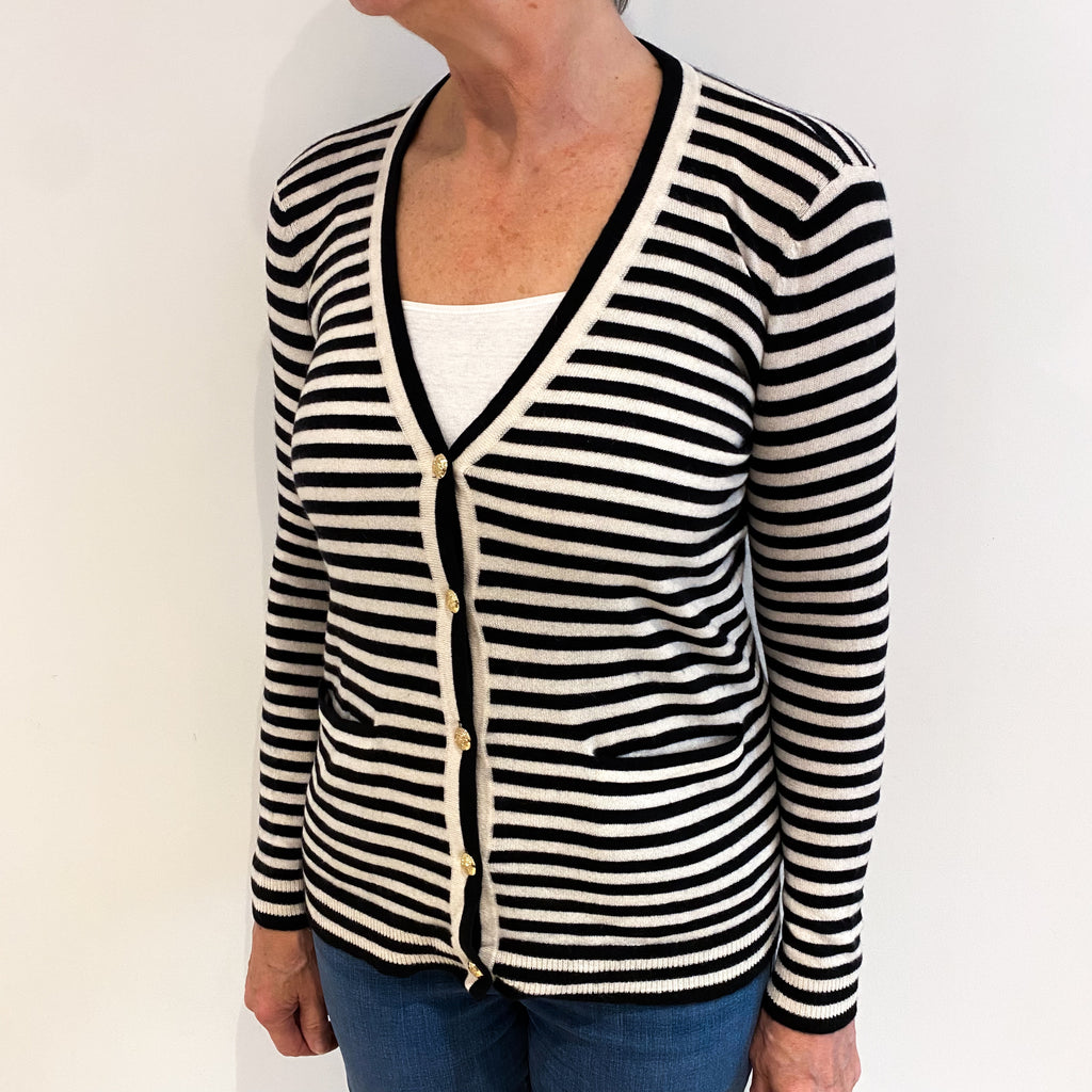 Ralph Lauren Black Cream Stripe Cashmere V Neck Cardigan Medium