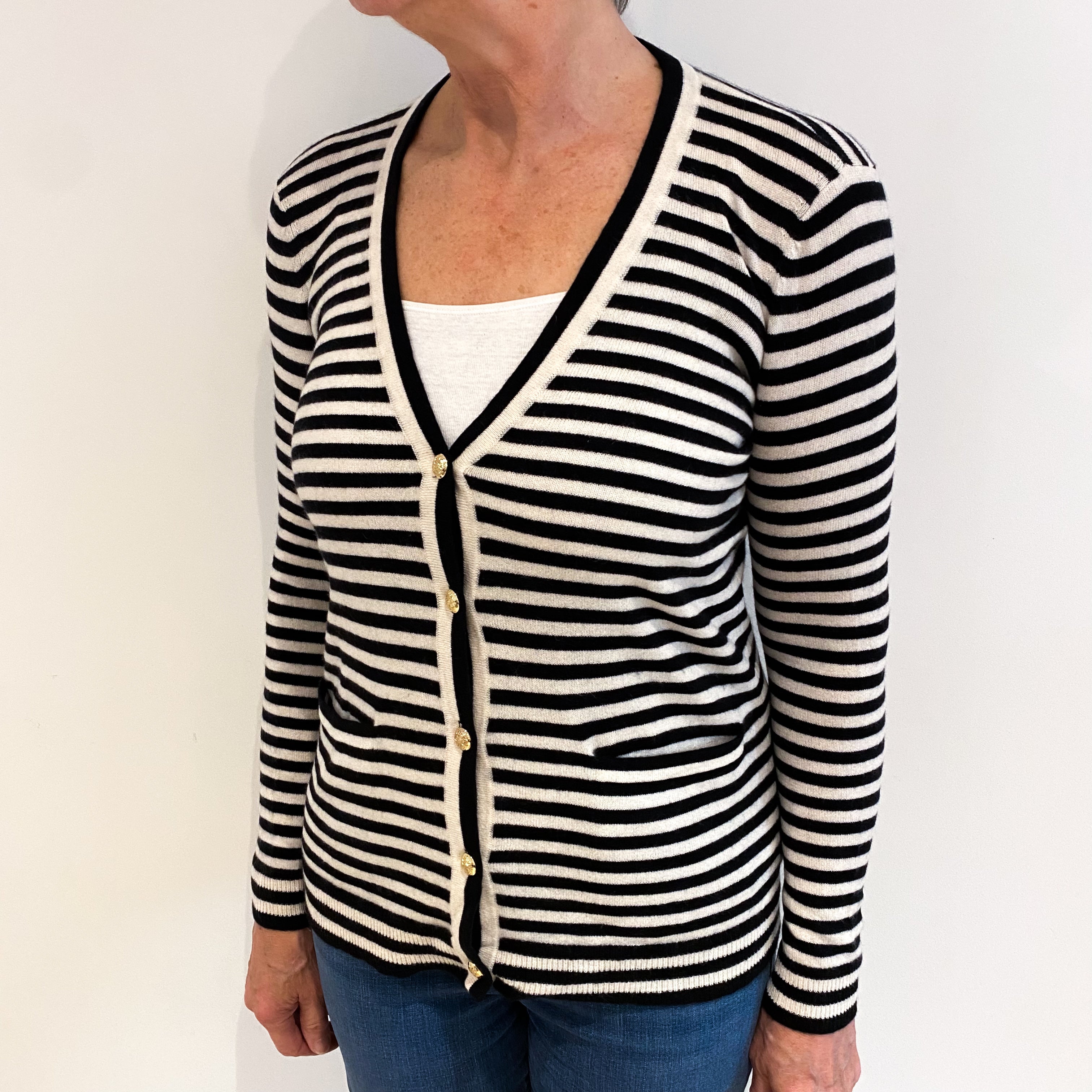 Ralph Lauren Black Cream Stripe Cashmere V Neck Cardigan Medium