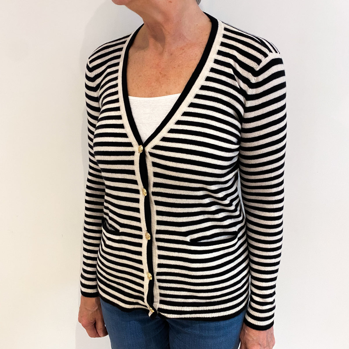 Ralph Lauren Black Cream Stripe Cashmere V Neck Cardigan Medium