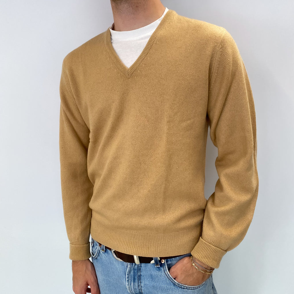 Men's Vintage Scottish Caramel Brown Cashmere V Neck Jumper Medium