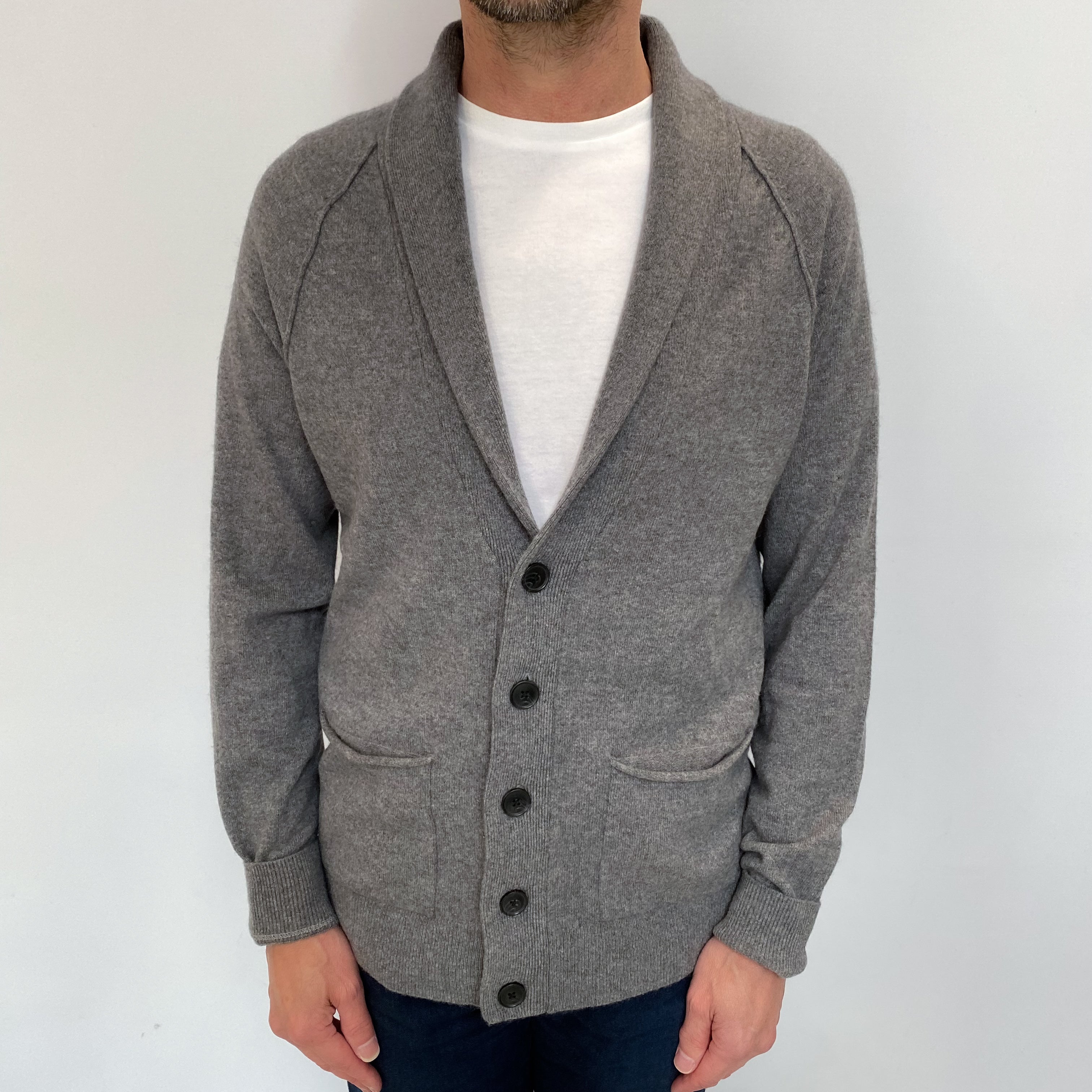 Men's Slate Grey Cashmere Shawl Collared V Neck Cardigan Small