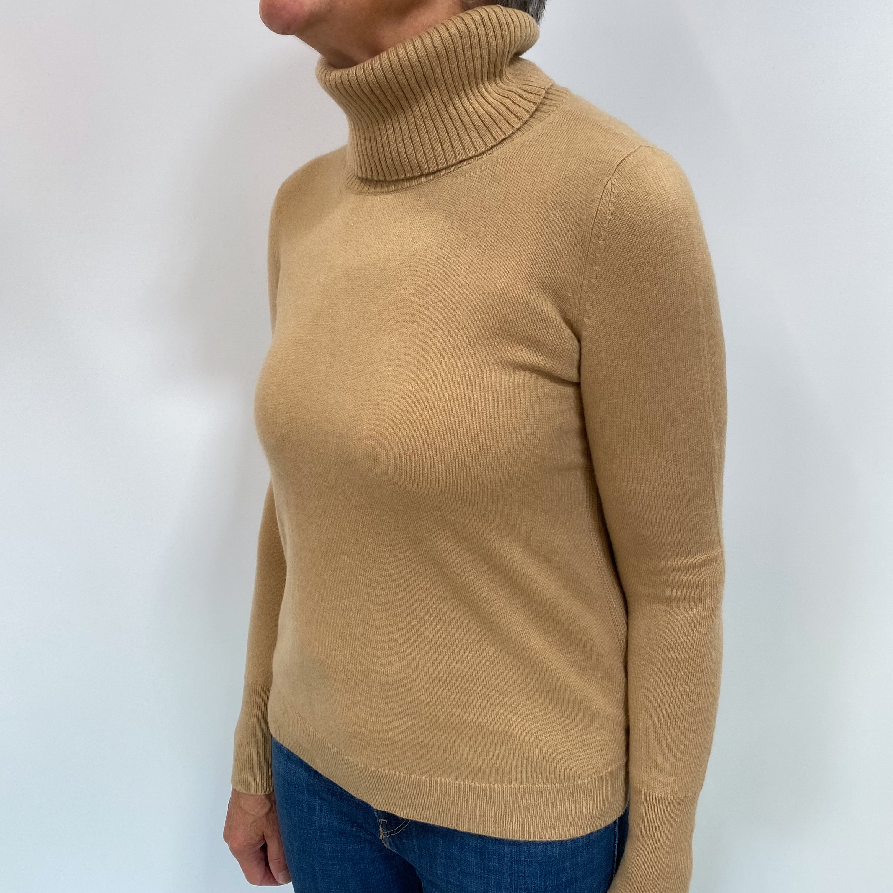 Camel Brown Cashmere Polo Neck Jumper Medium