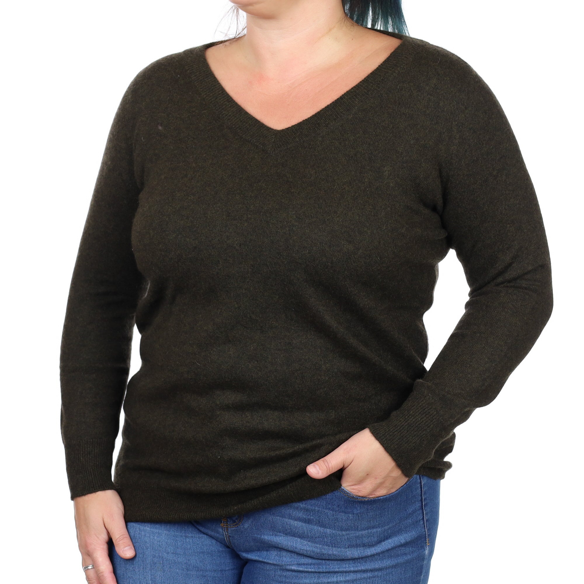 Deep Khaki Marl Cashmere V Neck Jumper Large