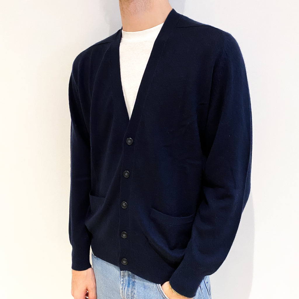 Men's Dark Navy Blue Cashmere V Neck Cardigan With Pockets Large