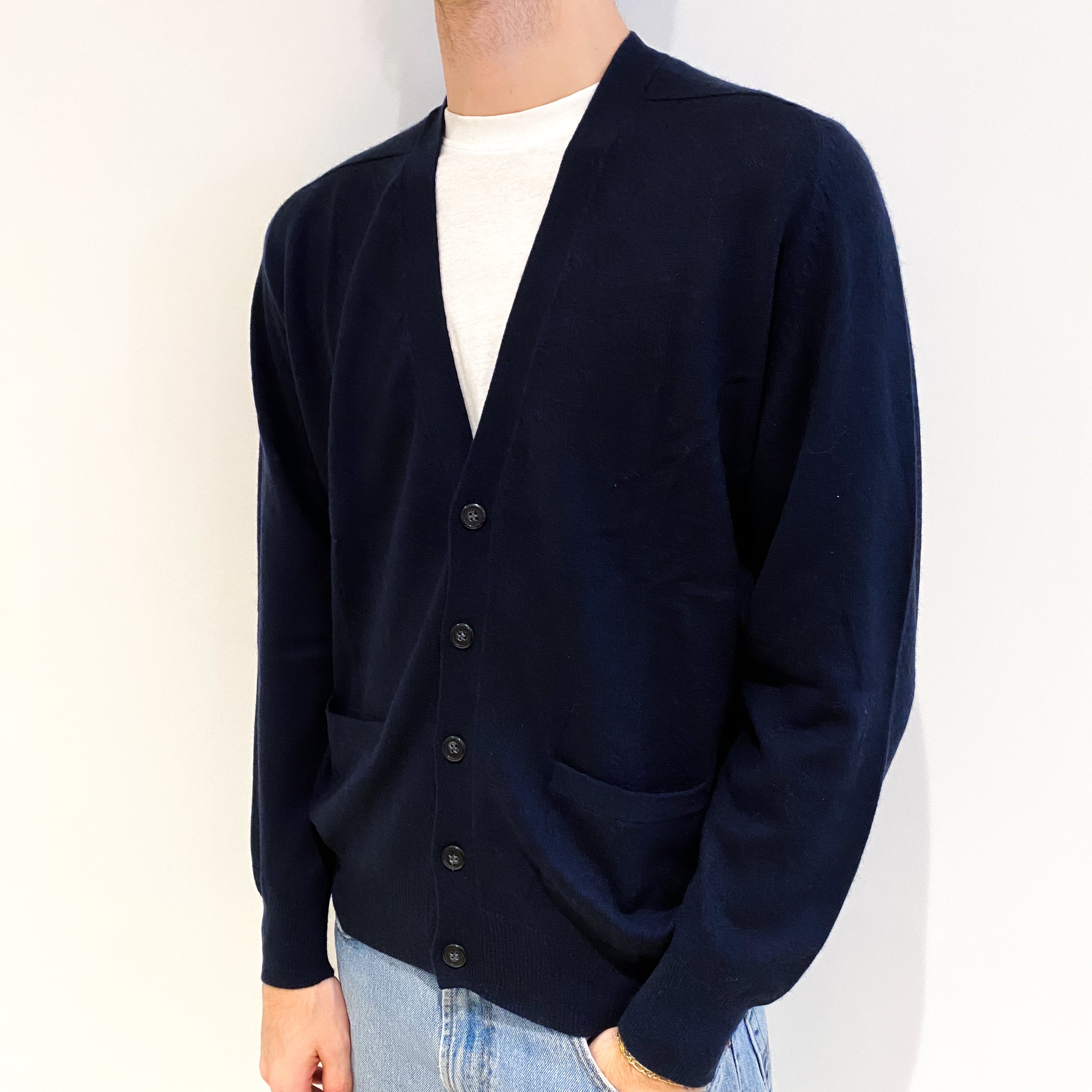Men's Dark Navy Blue Cashmere V Neck Cardigan With Pockets Large