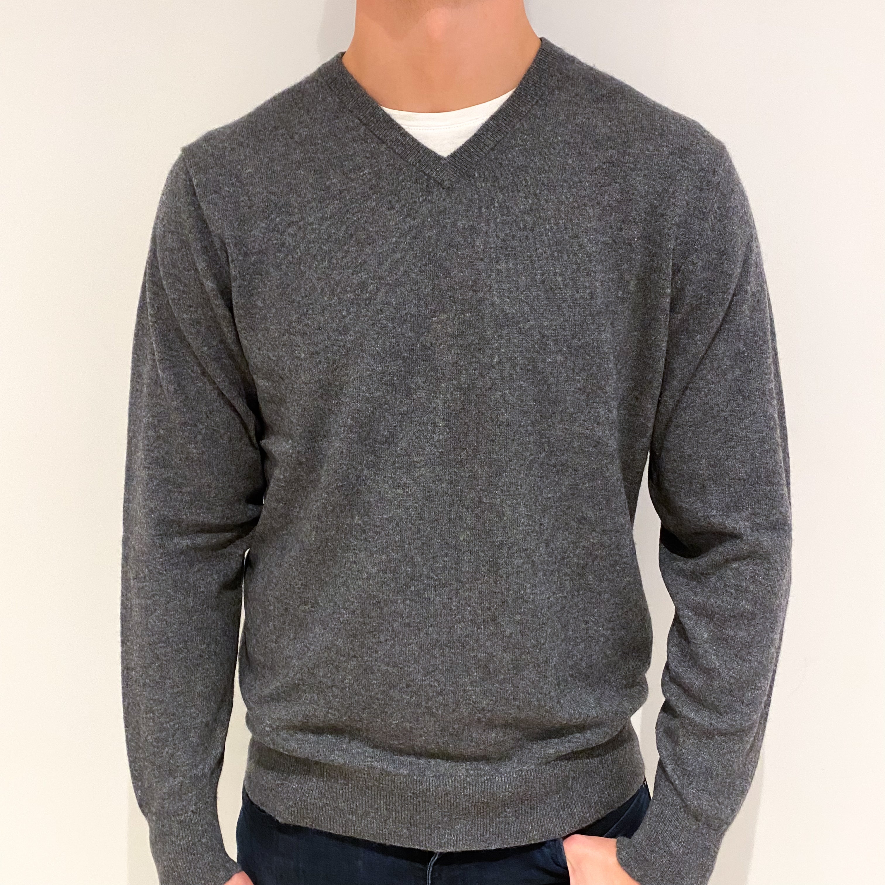 Men's Slate Grey Cashmere V-Neck Jumper Extra Large