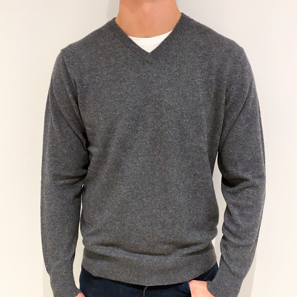 Men's Slate Grey Cashmere V-Neck Jumper Extra Large