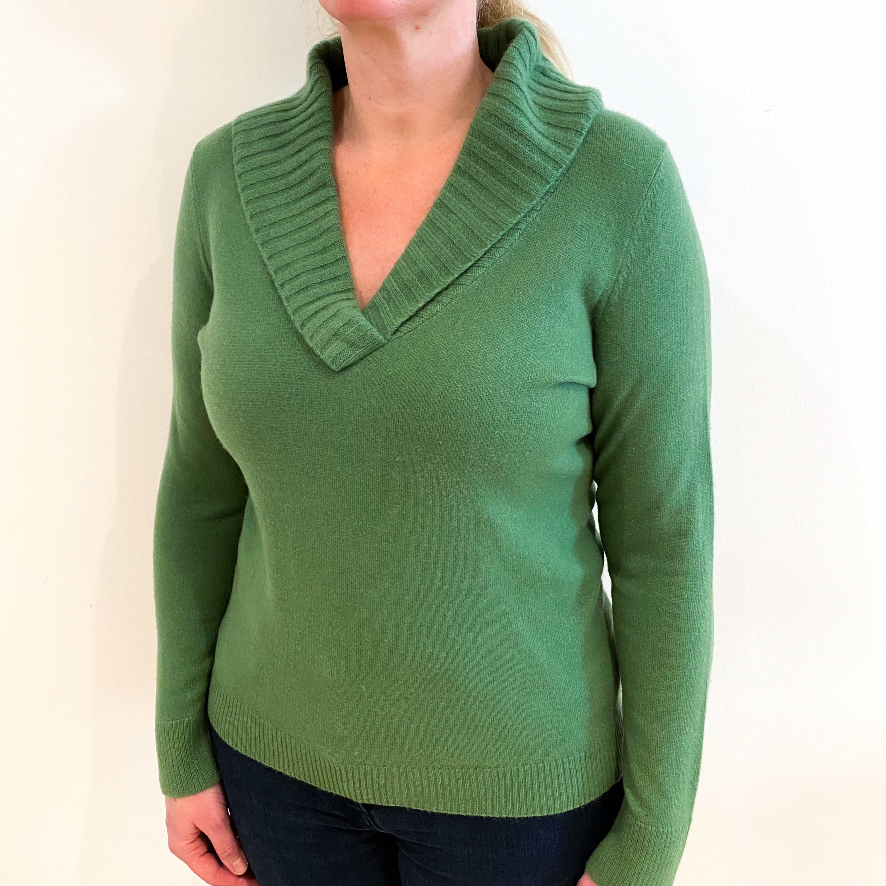 Fern Green Cashmere Shawl Collar V Neck Jumper Large