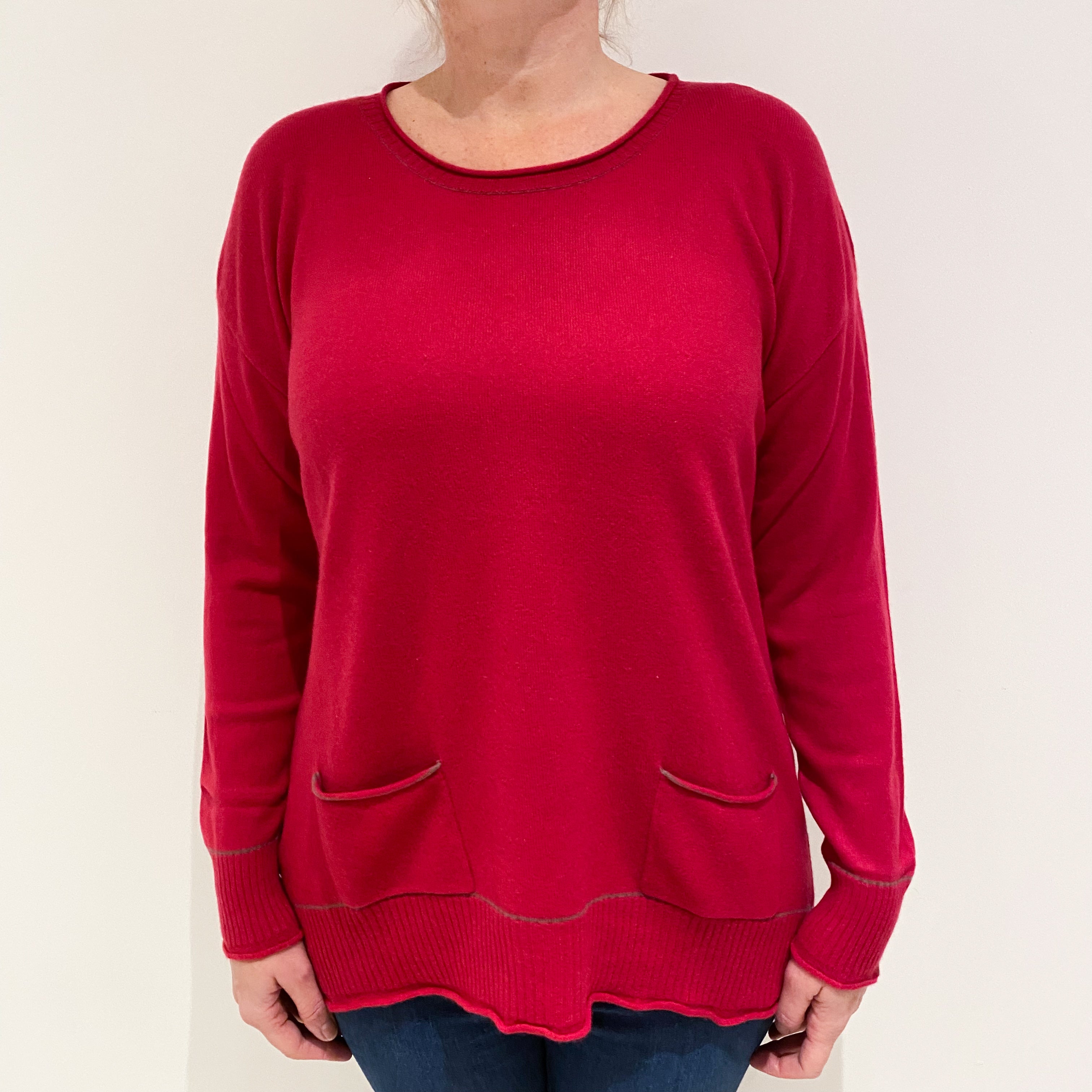 Cherry Pink Cashmere Crew Neck Jumper with Pockets Large