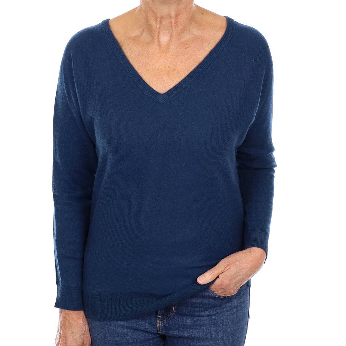 Deep Petrol Blue Cashmere Batwing V Neck Jumper Medium