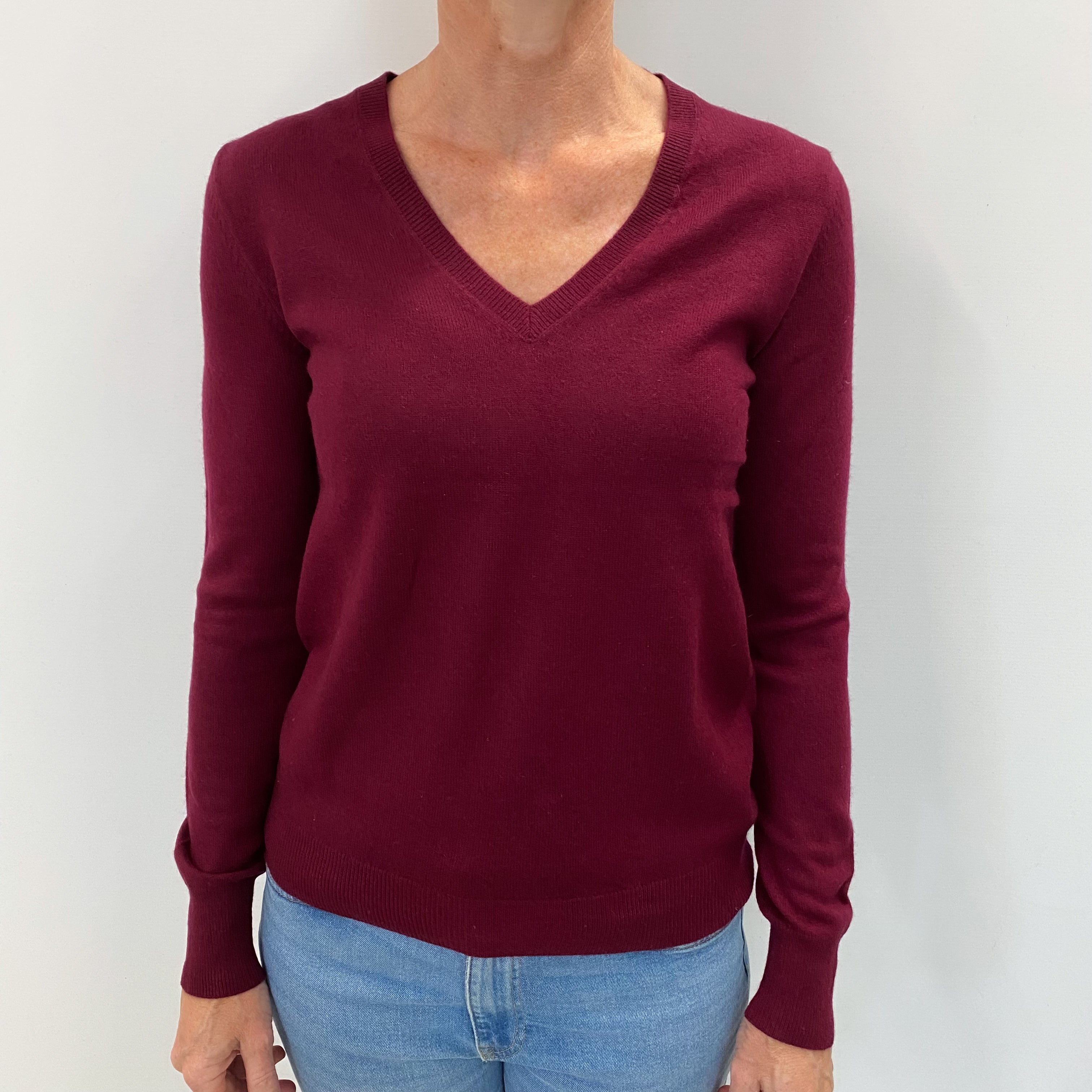 Wine Red Cashmere V Neck Jumper Small