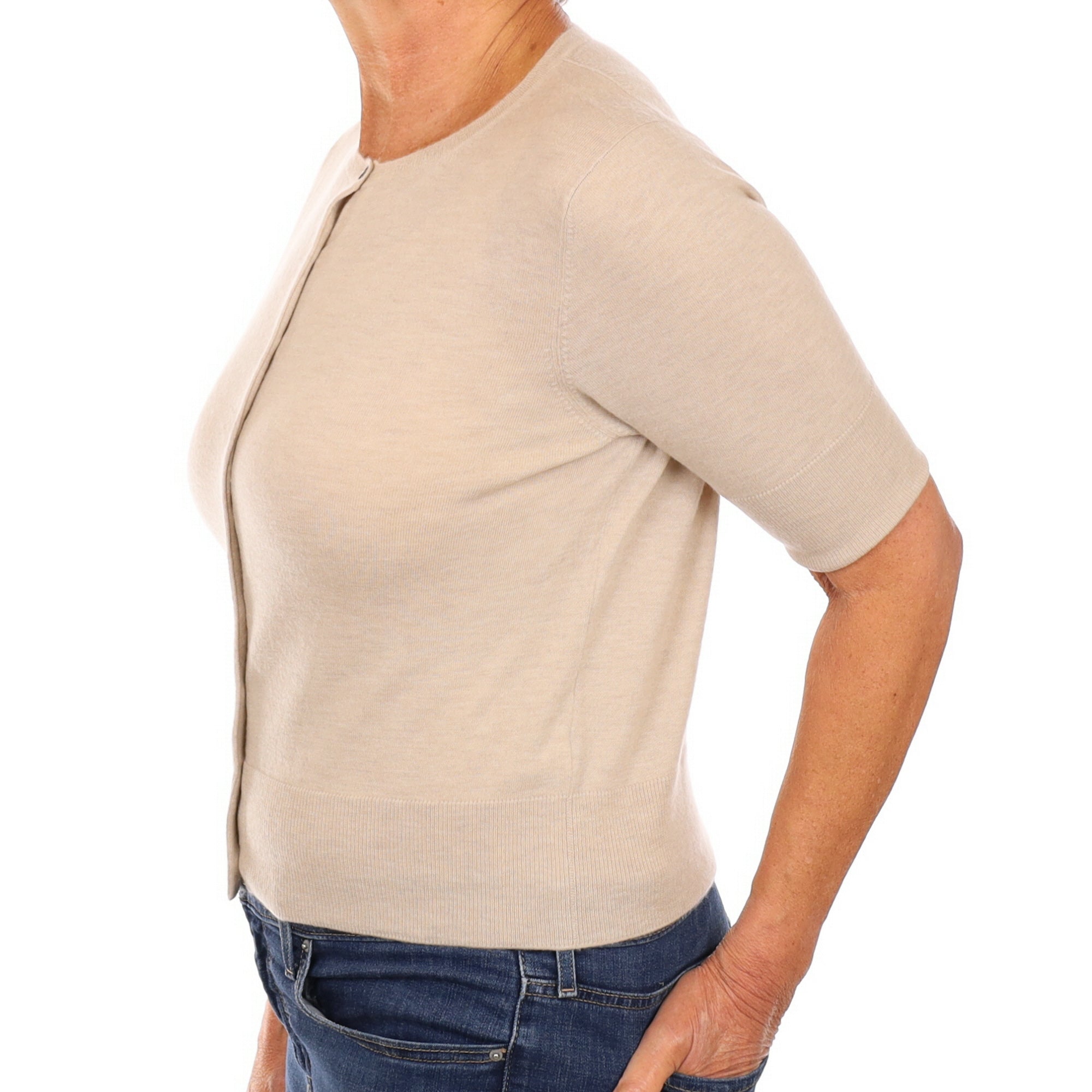 Fawn Cashmere Short Sleeve Crew Neck Cardigan Medium