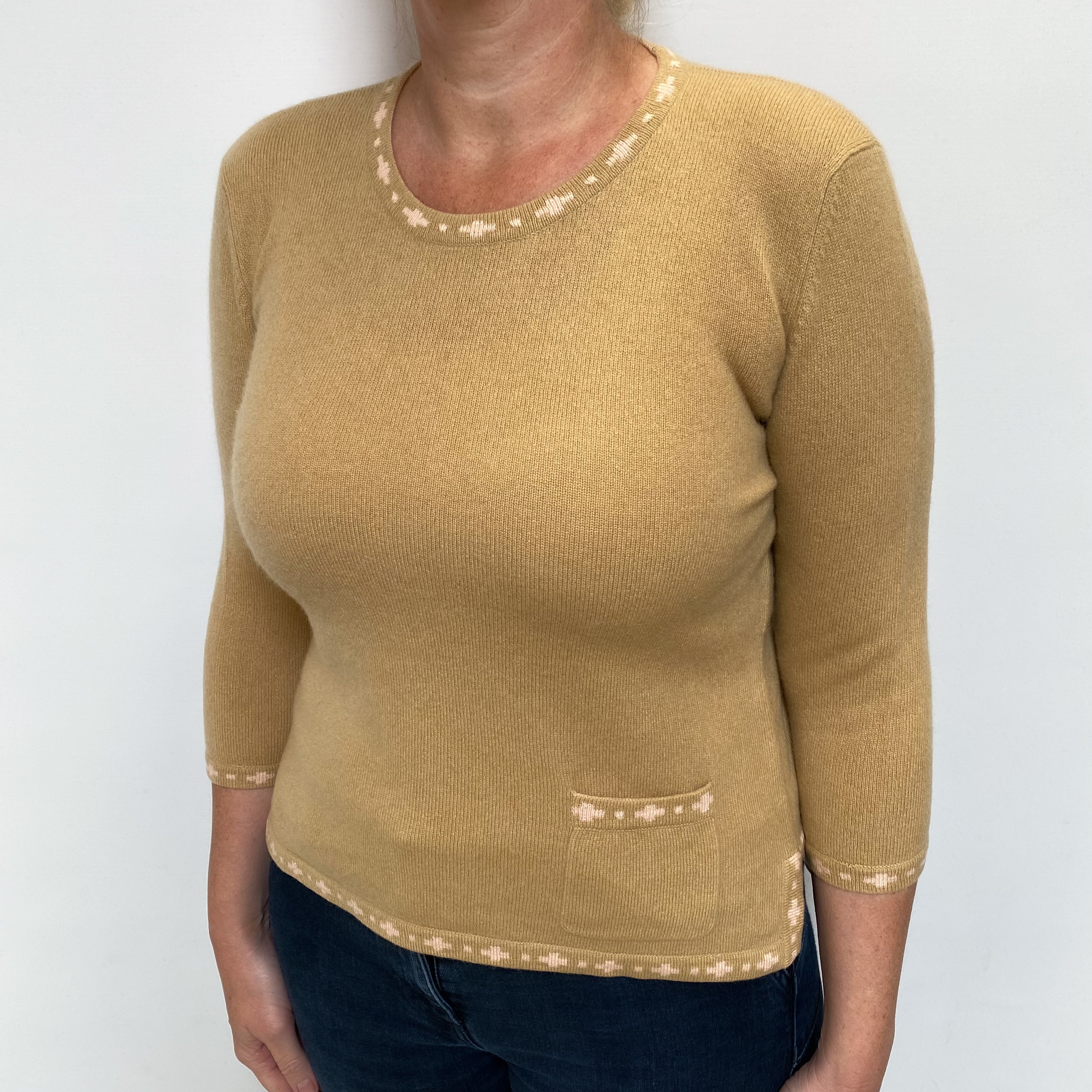 Camel Cashmere Patterned Trim Crew Neck Jumper Large