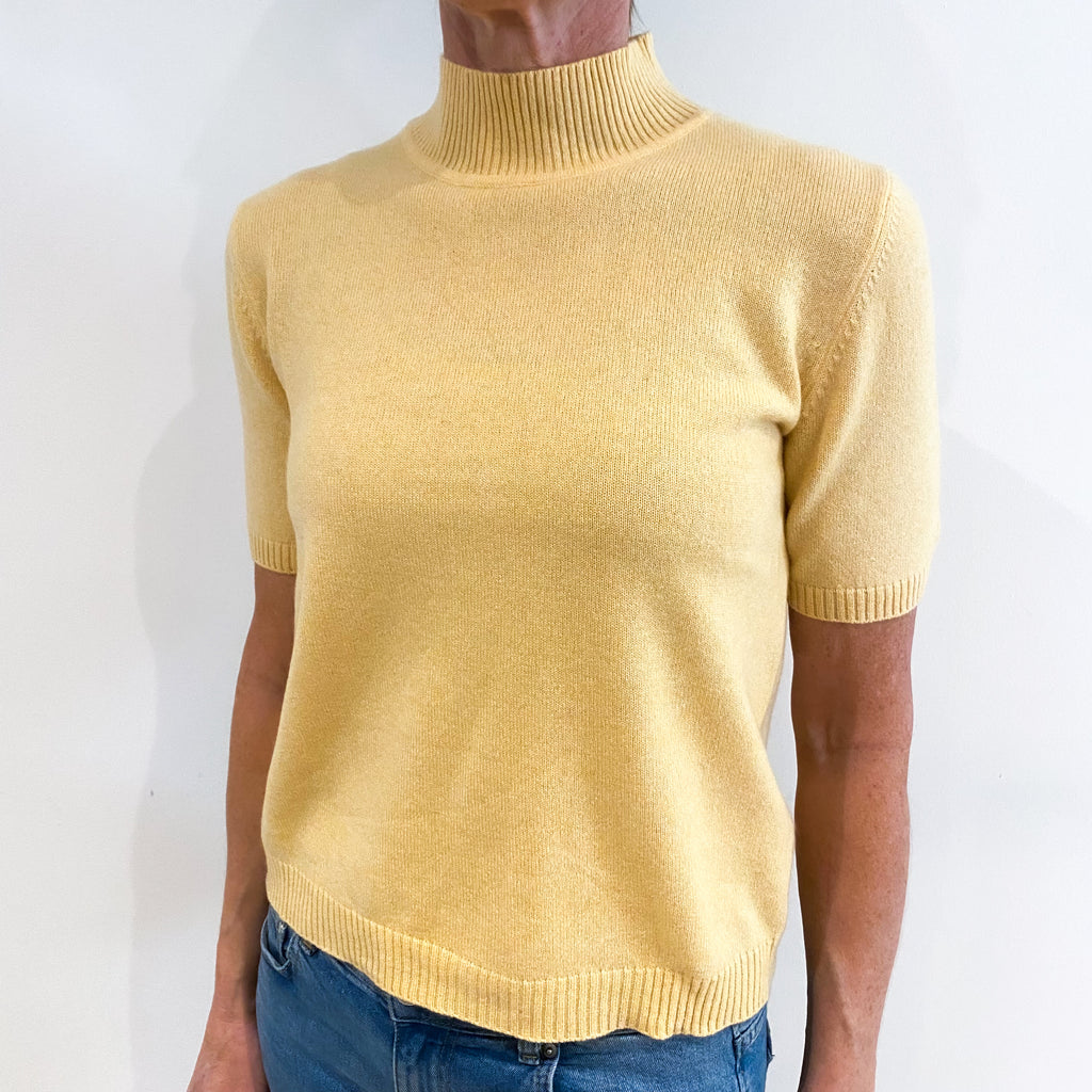 Deep Custard Yellow Cashmere Short Sleeve Turtle Neck Jumper Small