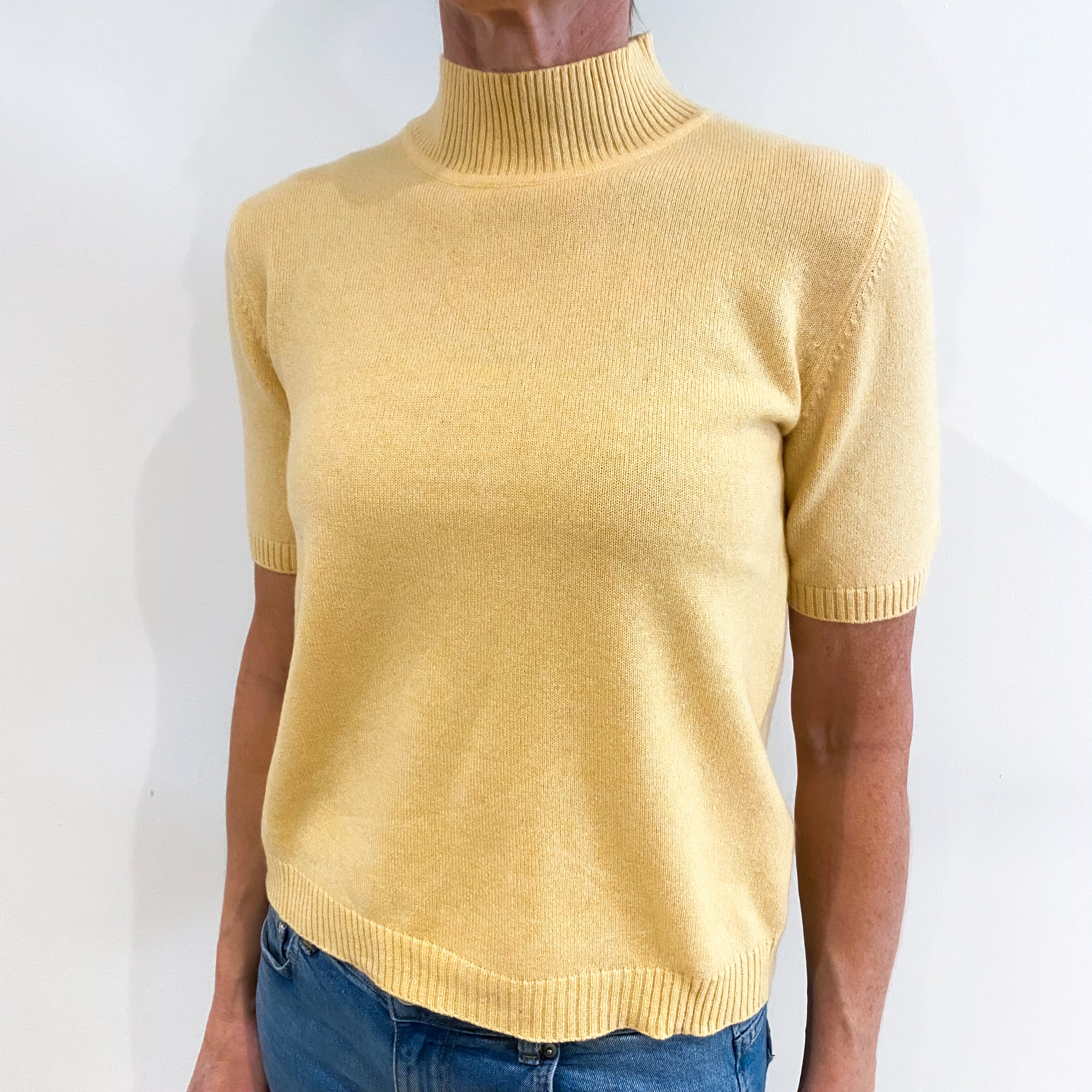 Deep Custard Yellow Cashmere Short Sleeve Turtle Neck Jumper Small
