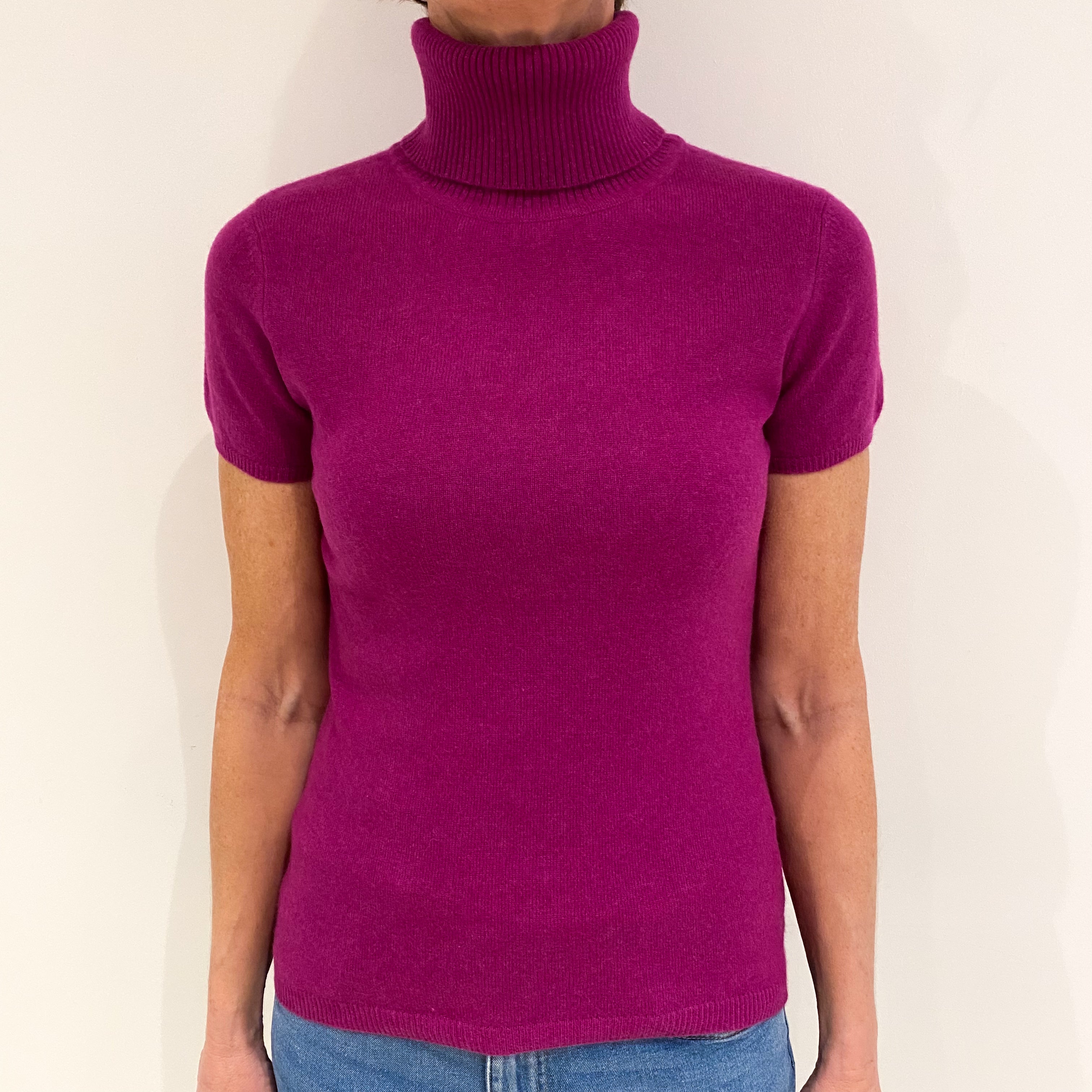 Magenta Purple Cashmere Short Sleeved Polo Neck Jumper Small