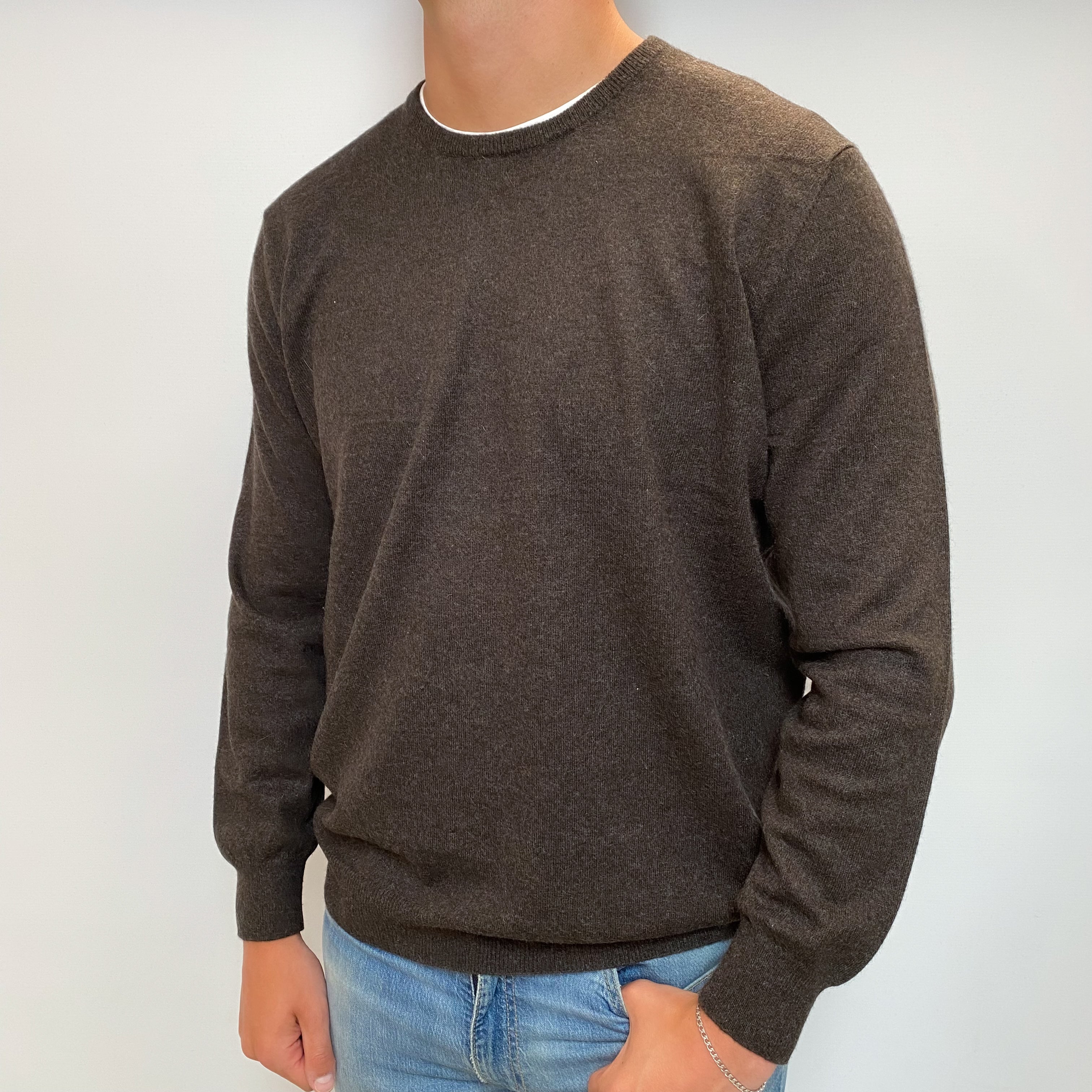 Men's Peppercorn Brown Cashmere Crew Neck Jumper XXL