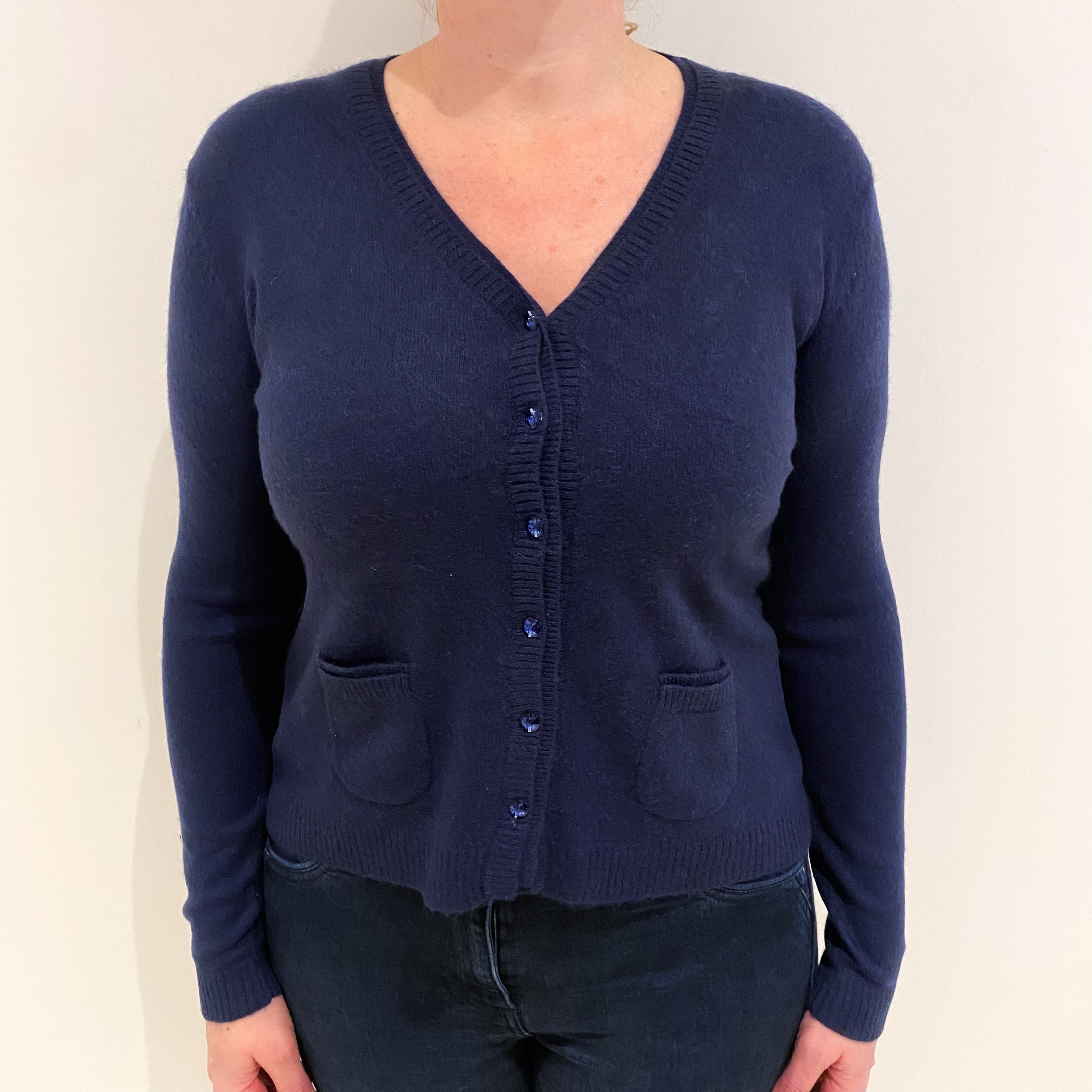 Midnight Navy Cashmere V Neck Cardigan With Pockets Large