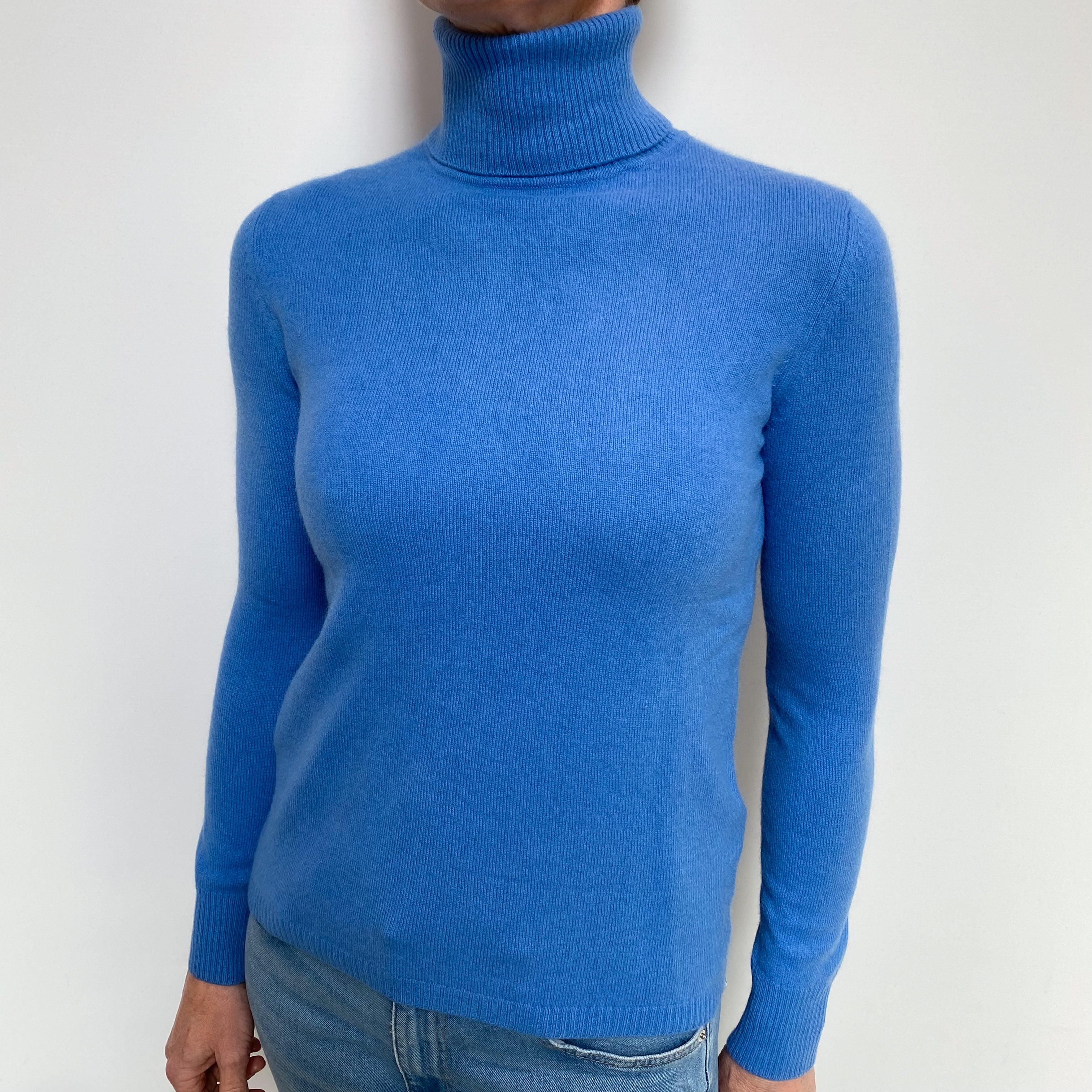 Cornflower Blue Cashmere Polo Neck Jumper Small