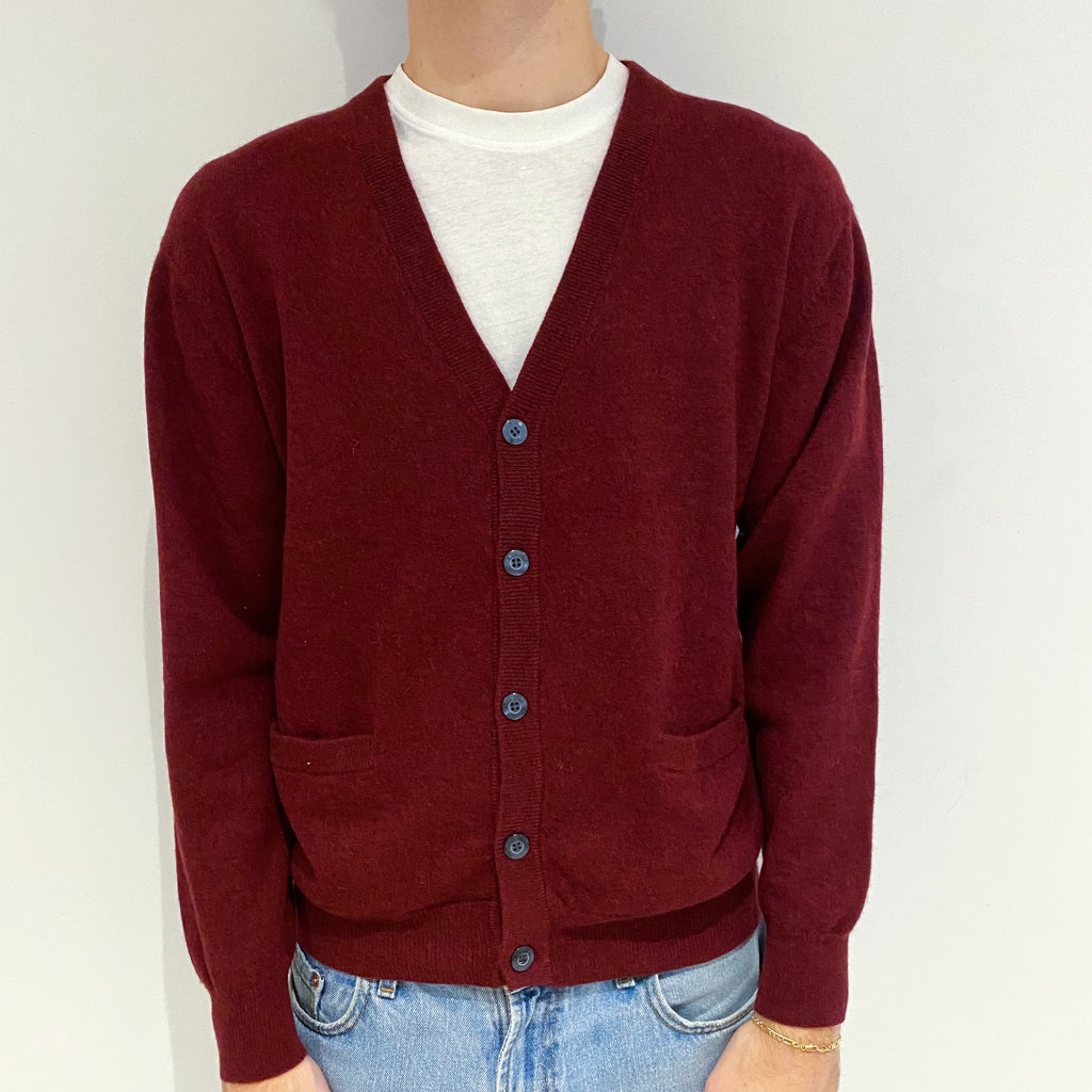 Men's Burgundy Red Cashmere V-Neck Cardigan with Pockets Large