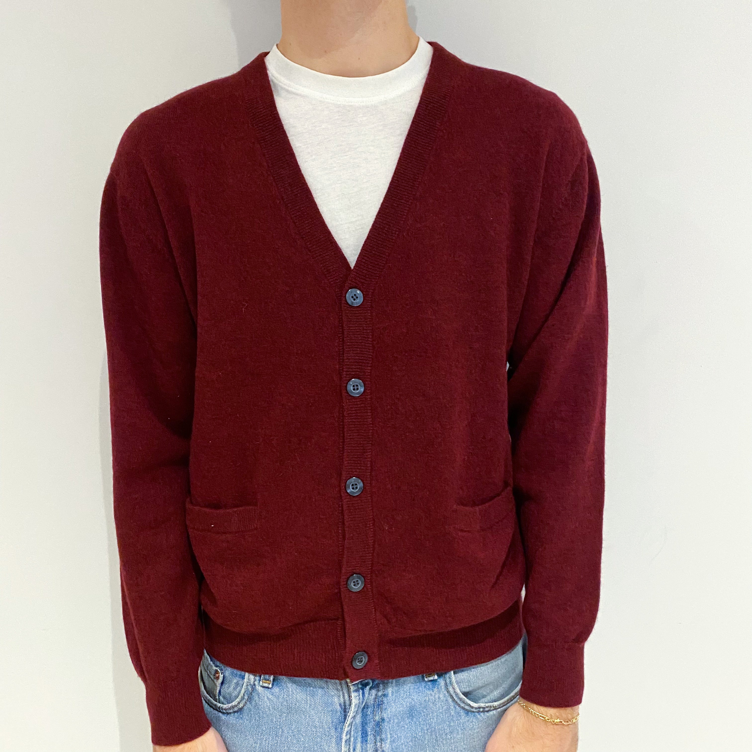 Men's Burgundy Red Cashmere V-Neck Cardigan with Pockets Large