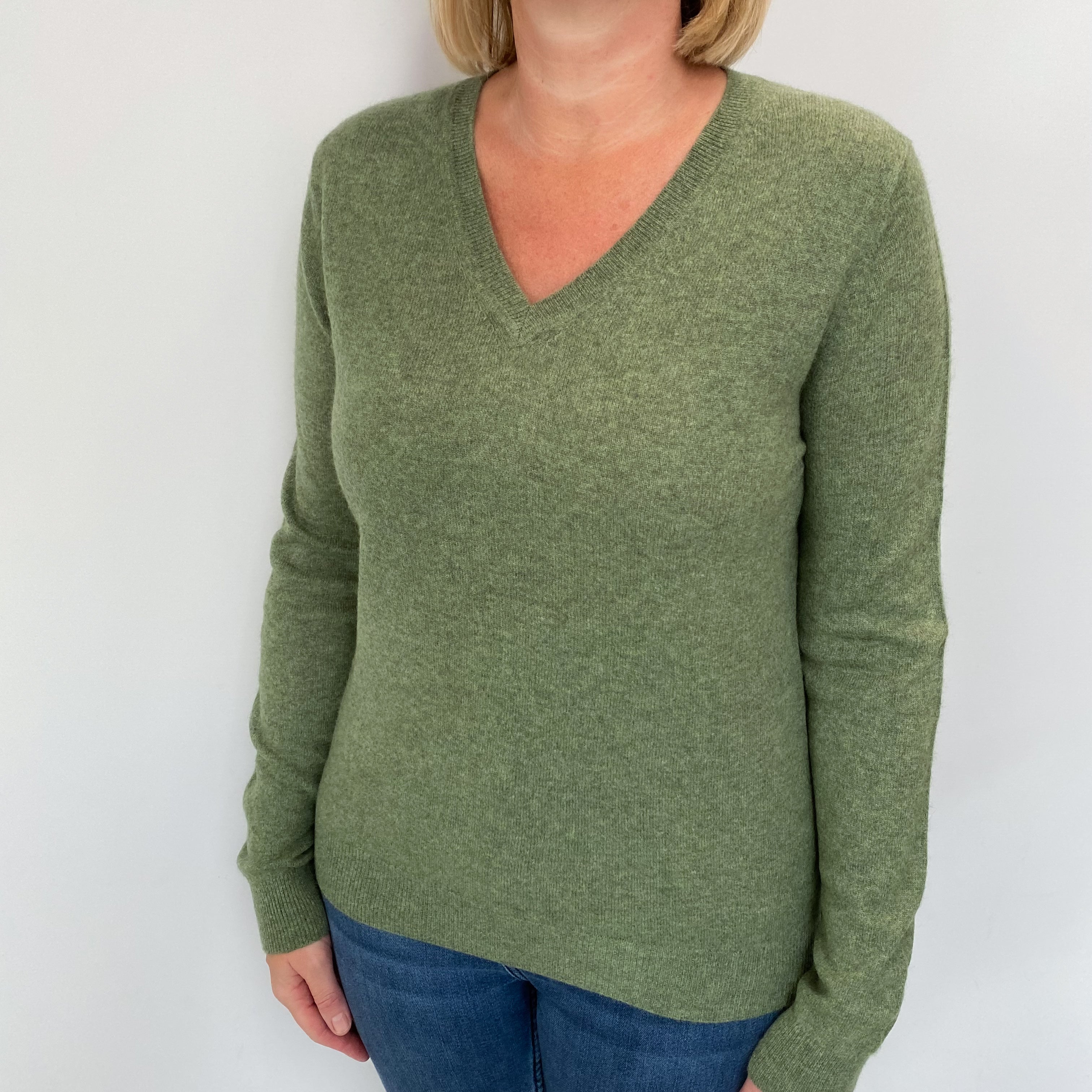 Sage Green Cashmere V Neck Jumper Large