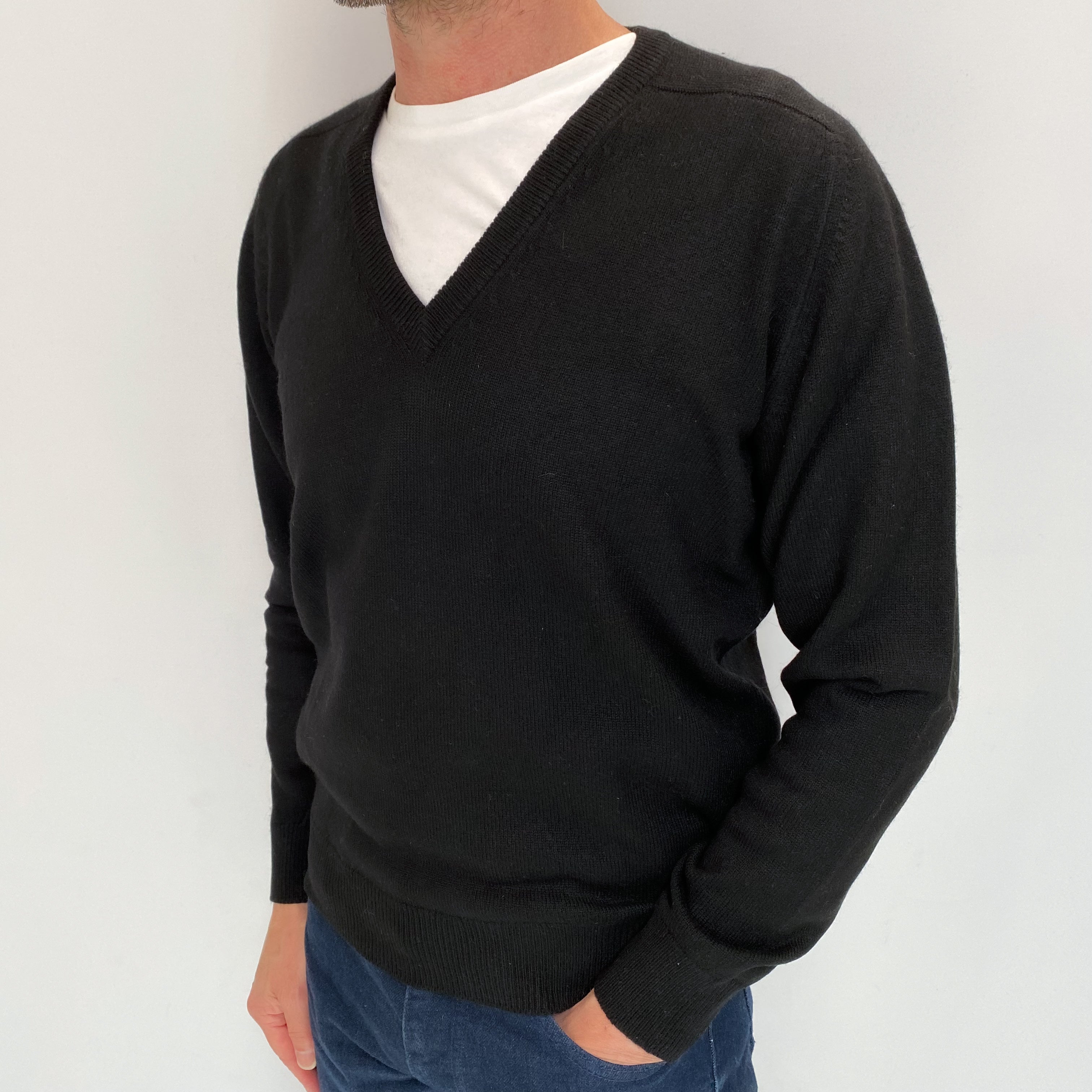 Men's Vintage Pringle Black Cashmere V Neck Jumper Small