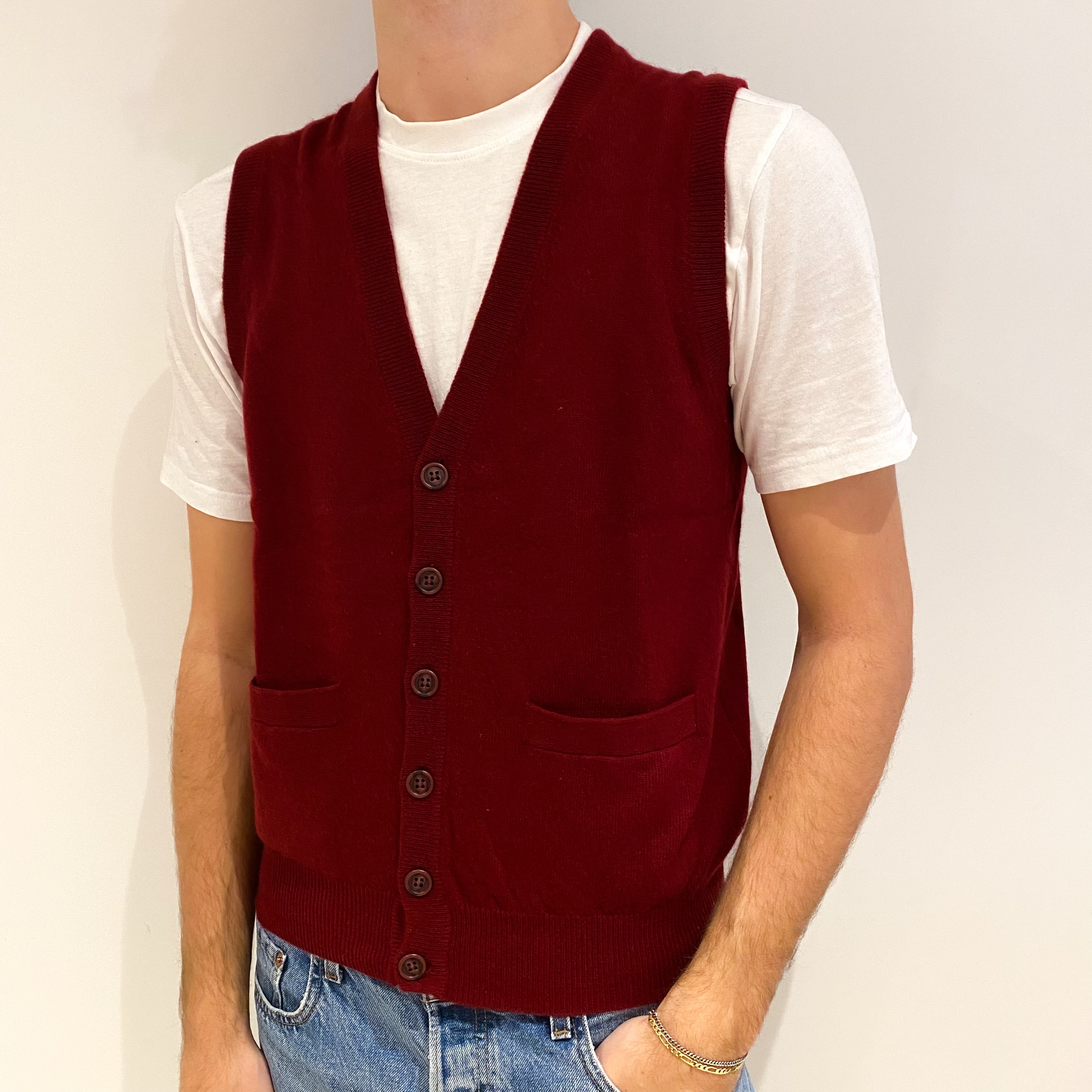 Men's Burgundy Red Cashmere V Neck Gilet Medium