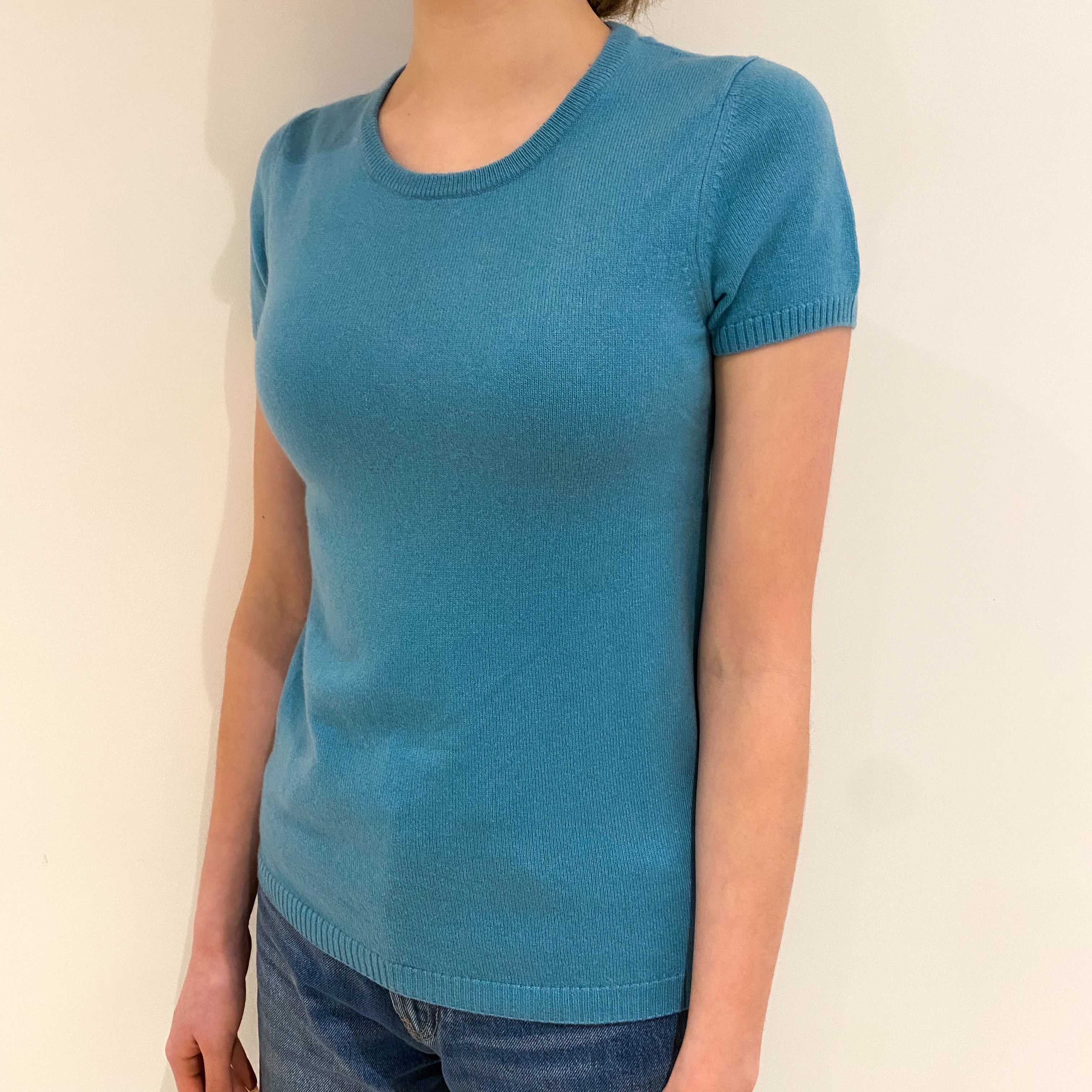 Aqua Blue Cashmere Short Sleeve Crew Neck Jumper Extra Small