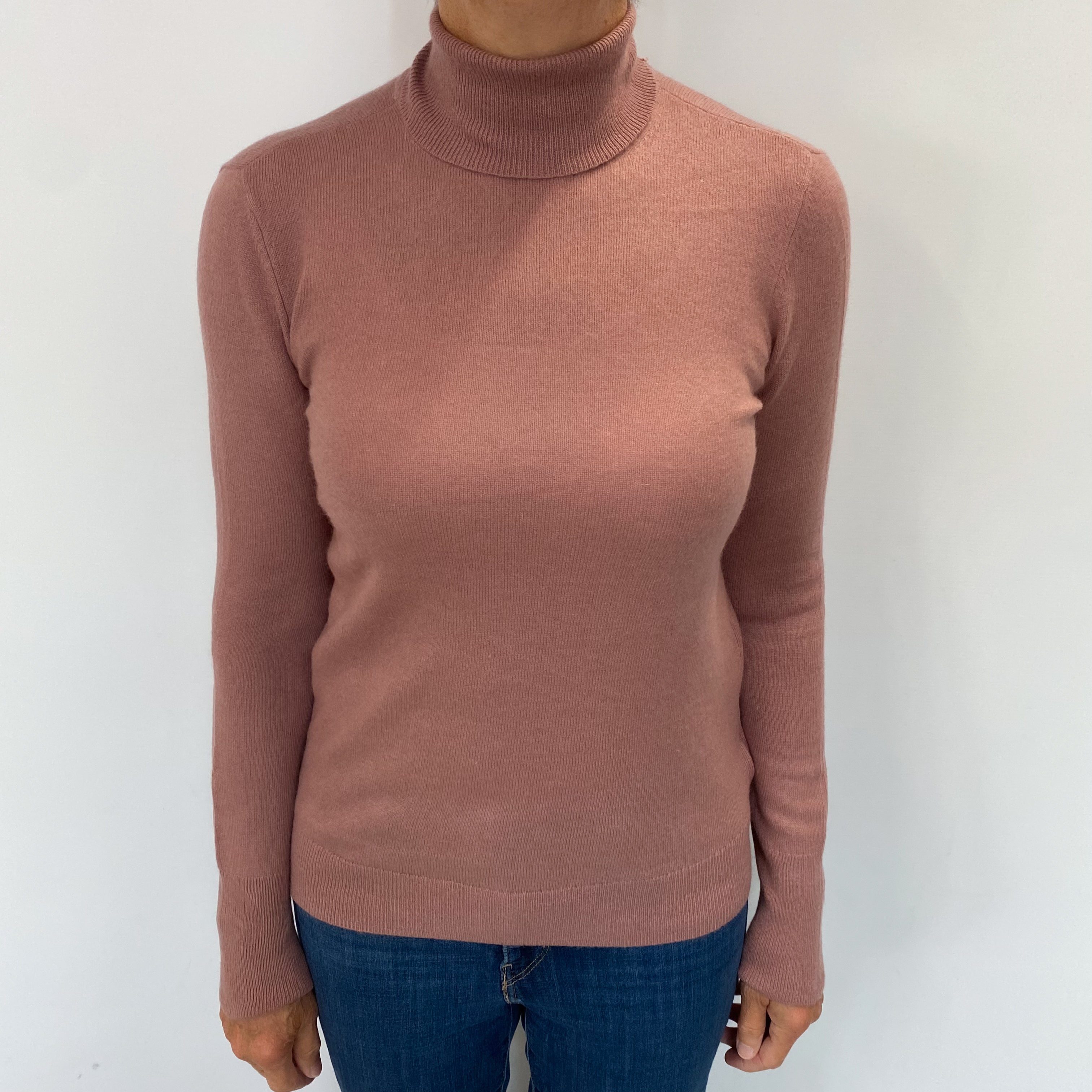 Dusky Rose Pink Cashmere Polo Neck Jumper Medium