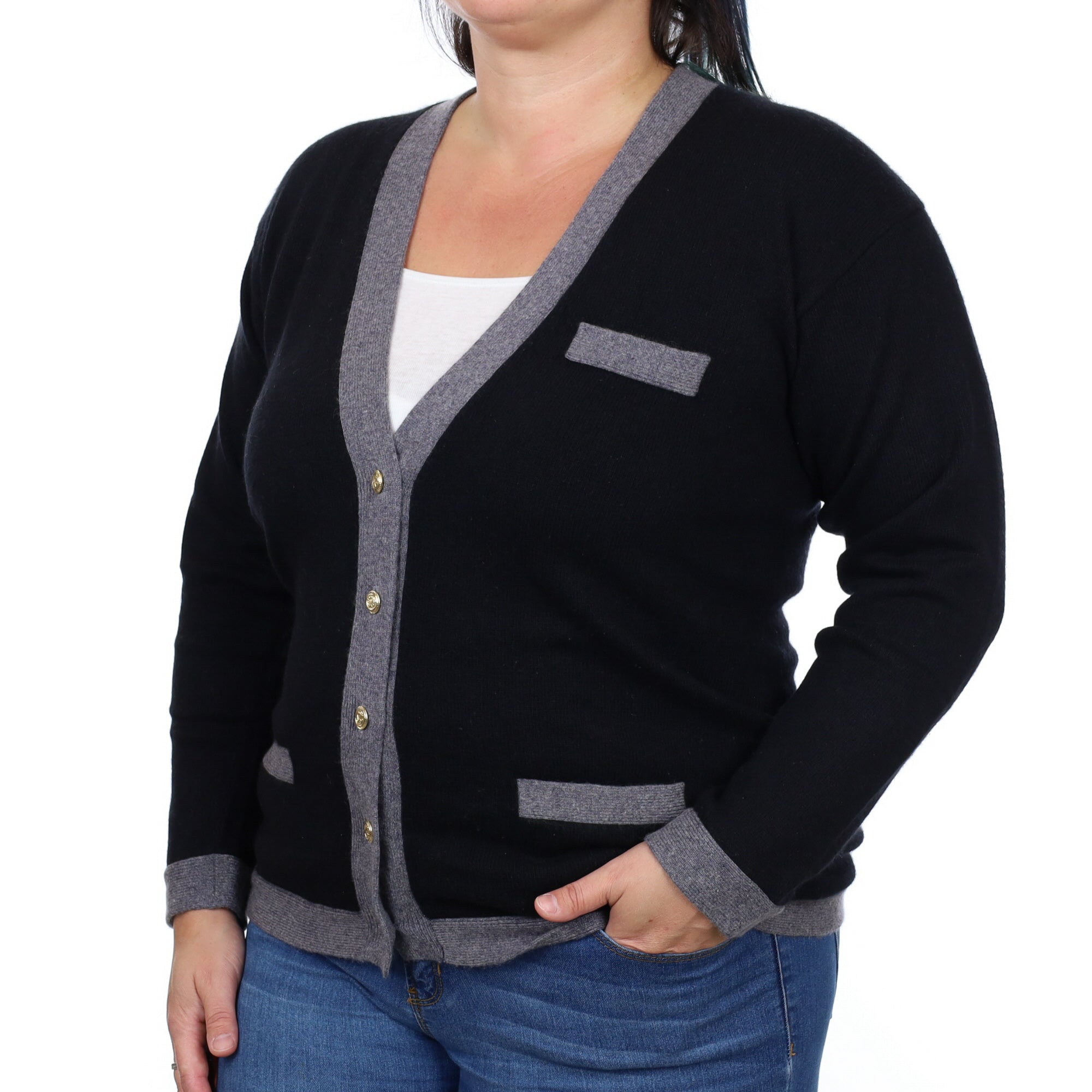 Black Cashmere V Neck Cardigan Large