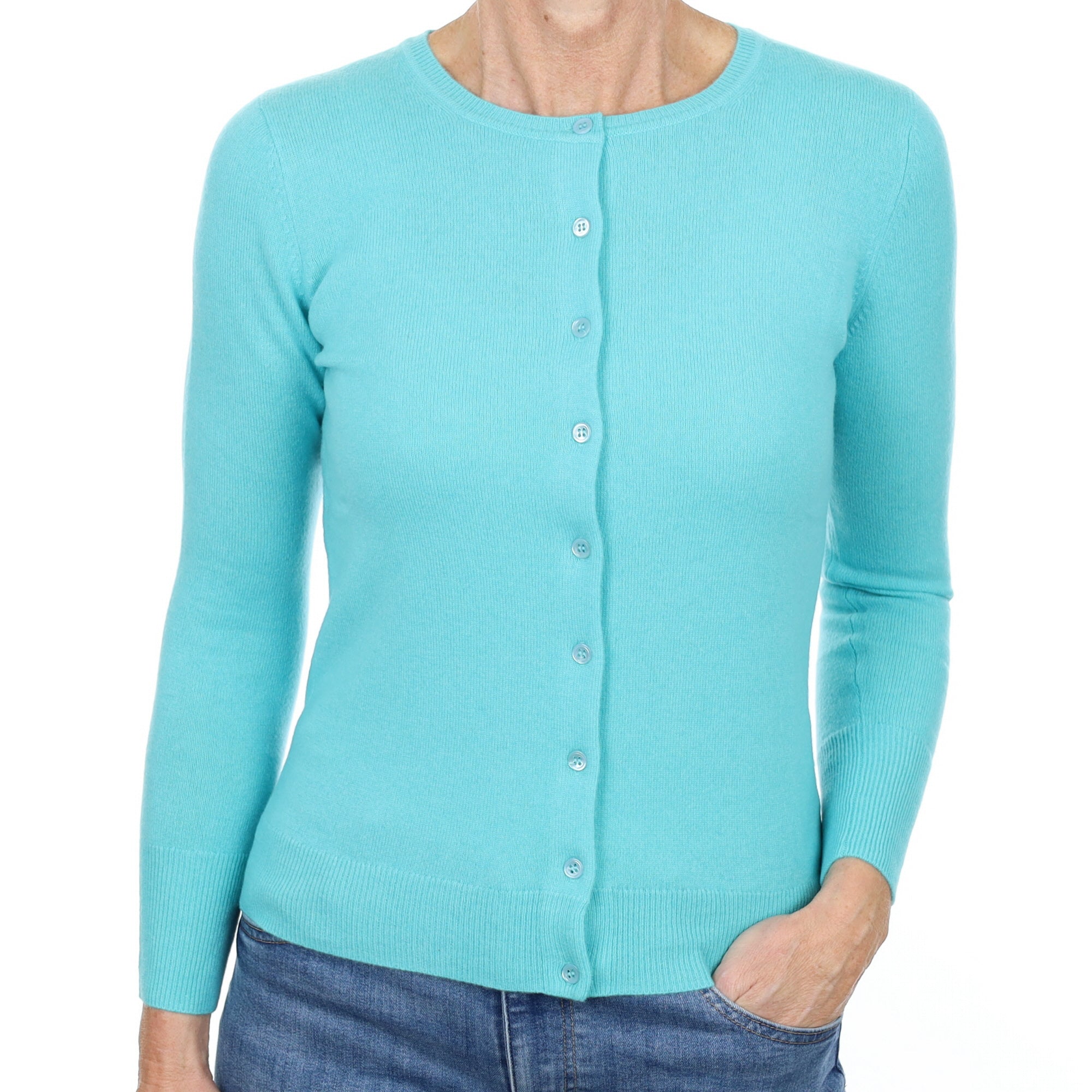 New Aquamarine Cashmere Crew Neck Cardigan Small