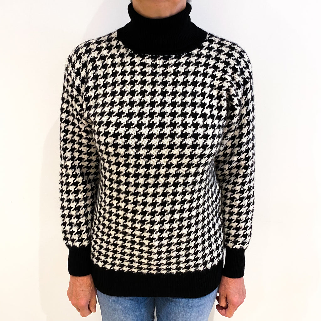 Black Dogtooth Cashmere Polo Neck Jumper Medium