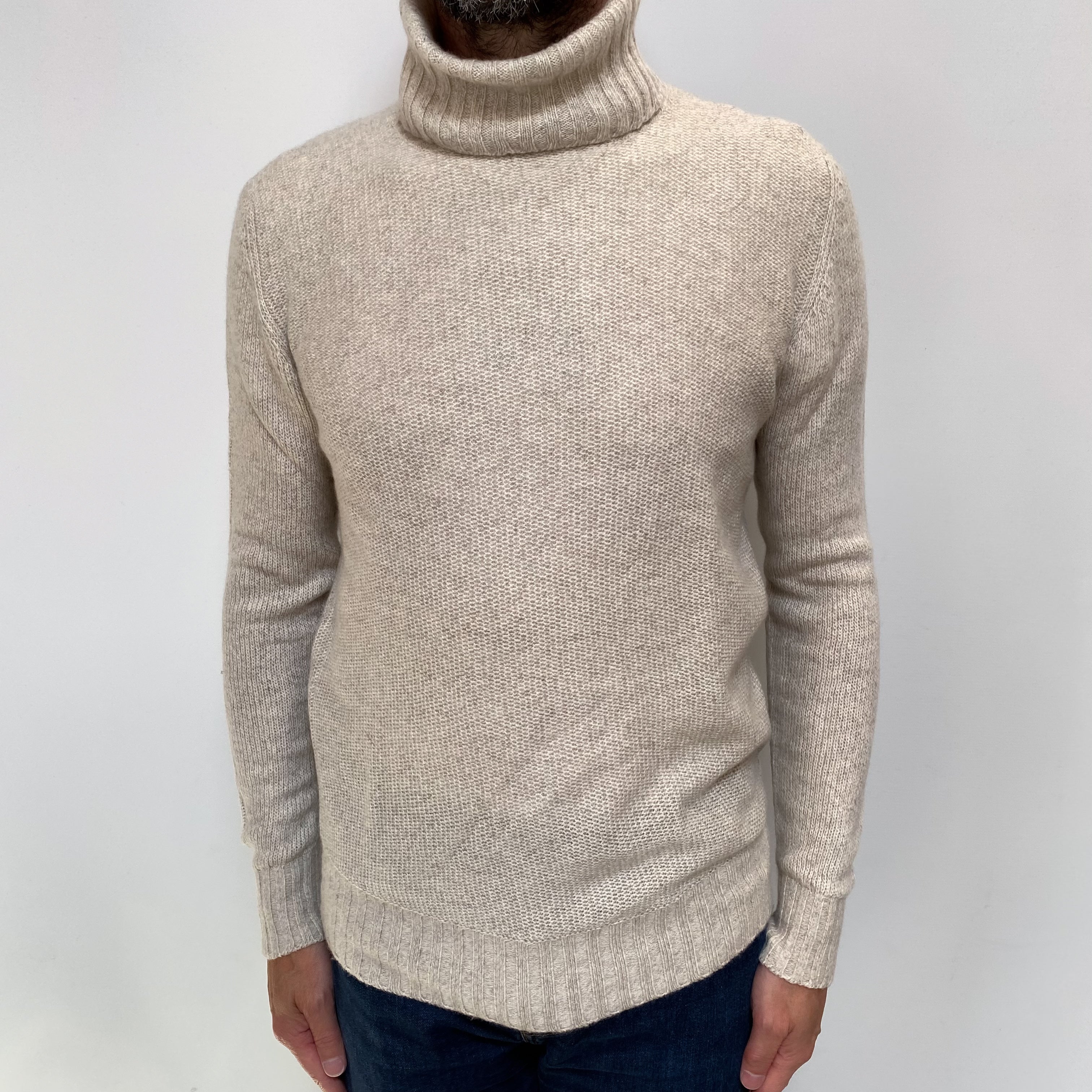 Men's Loro Piana Oatmeal Beige Cashmere Polo Neck Jumper Small