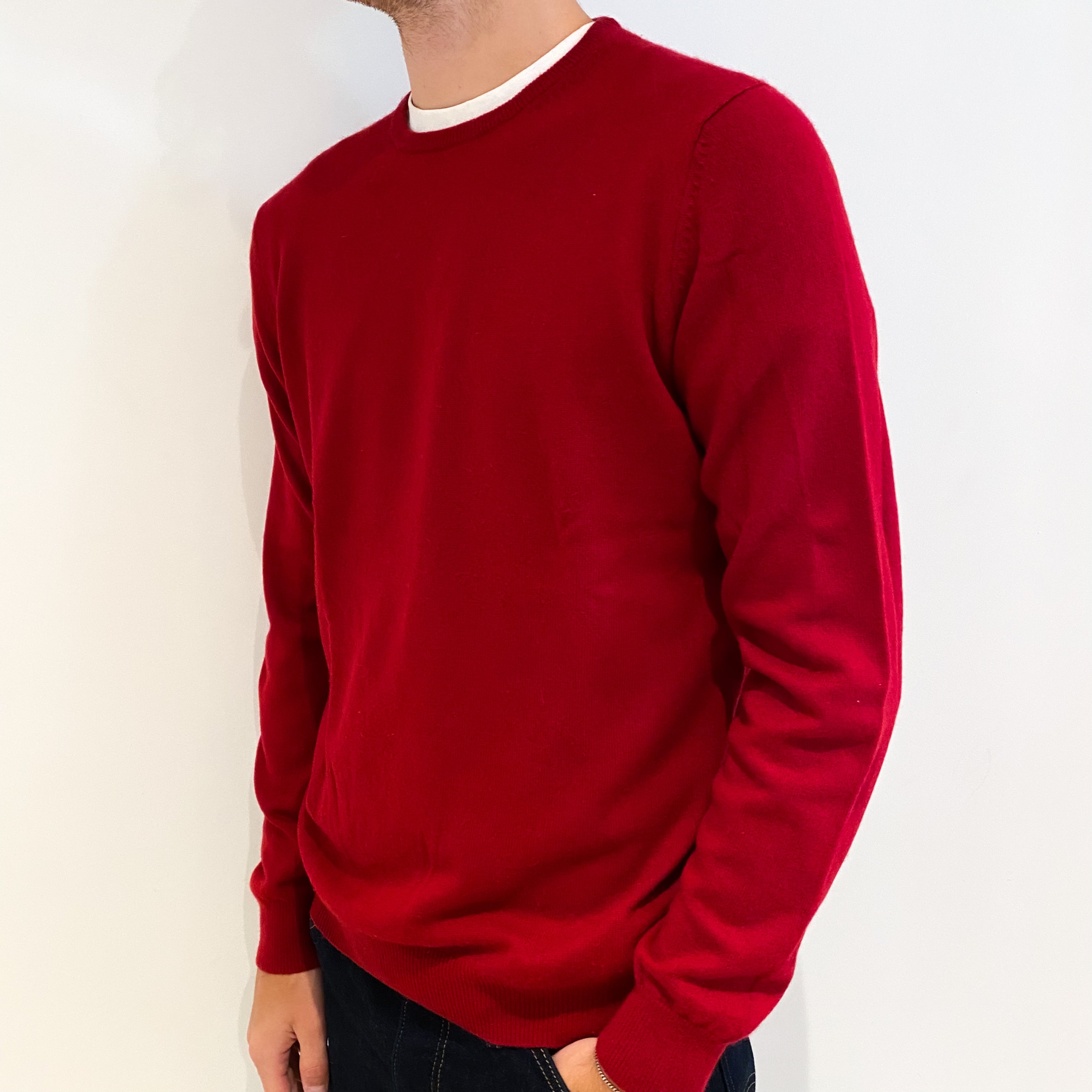 Men's Crimson Red Cashmere Crew Neck Jumper Medium