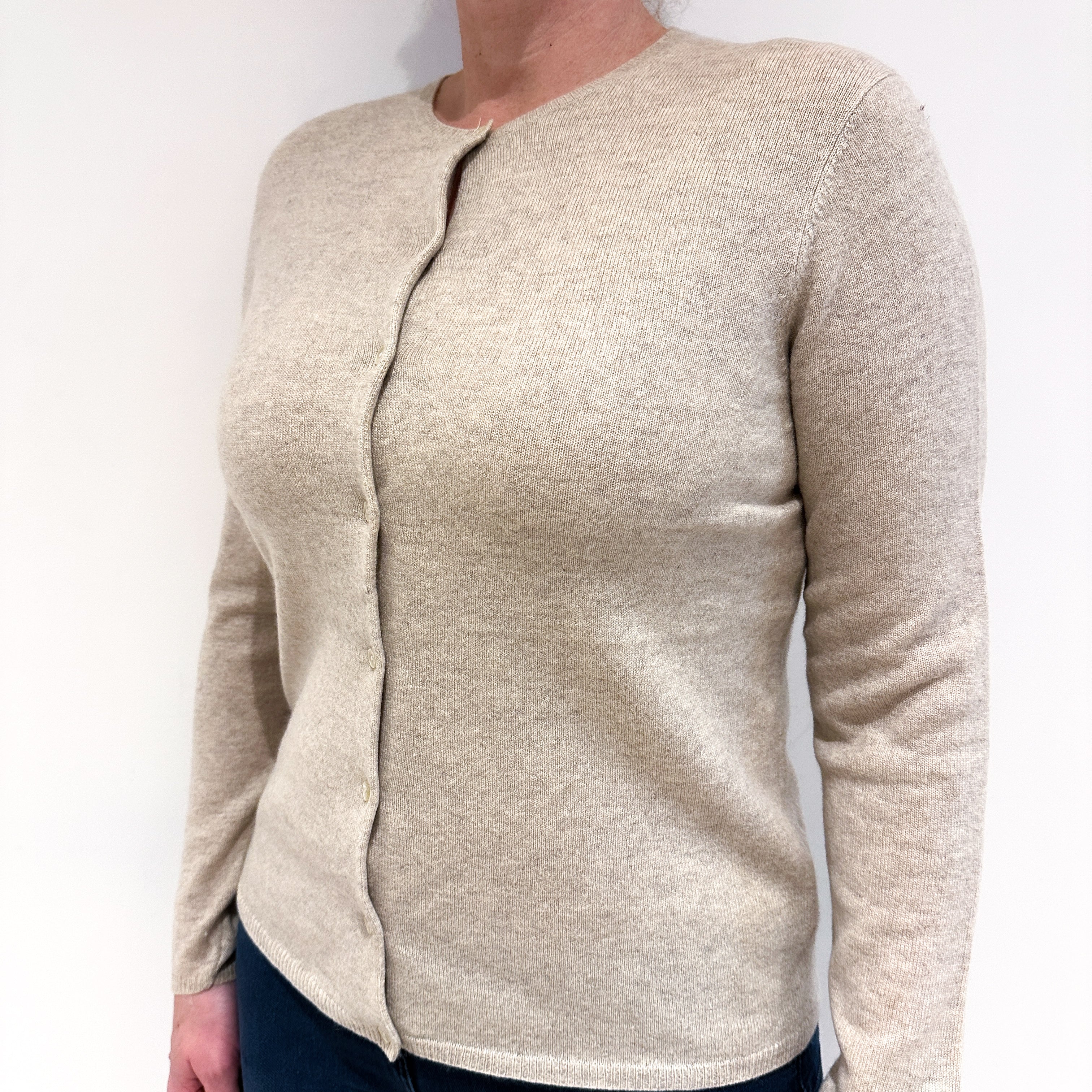 Fawn Beige Cashmere Crew Neck Cardigan Large
