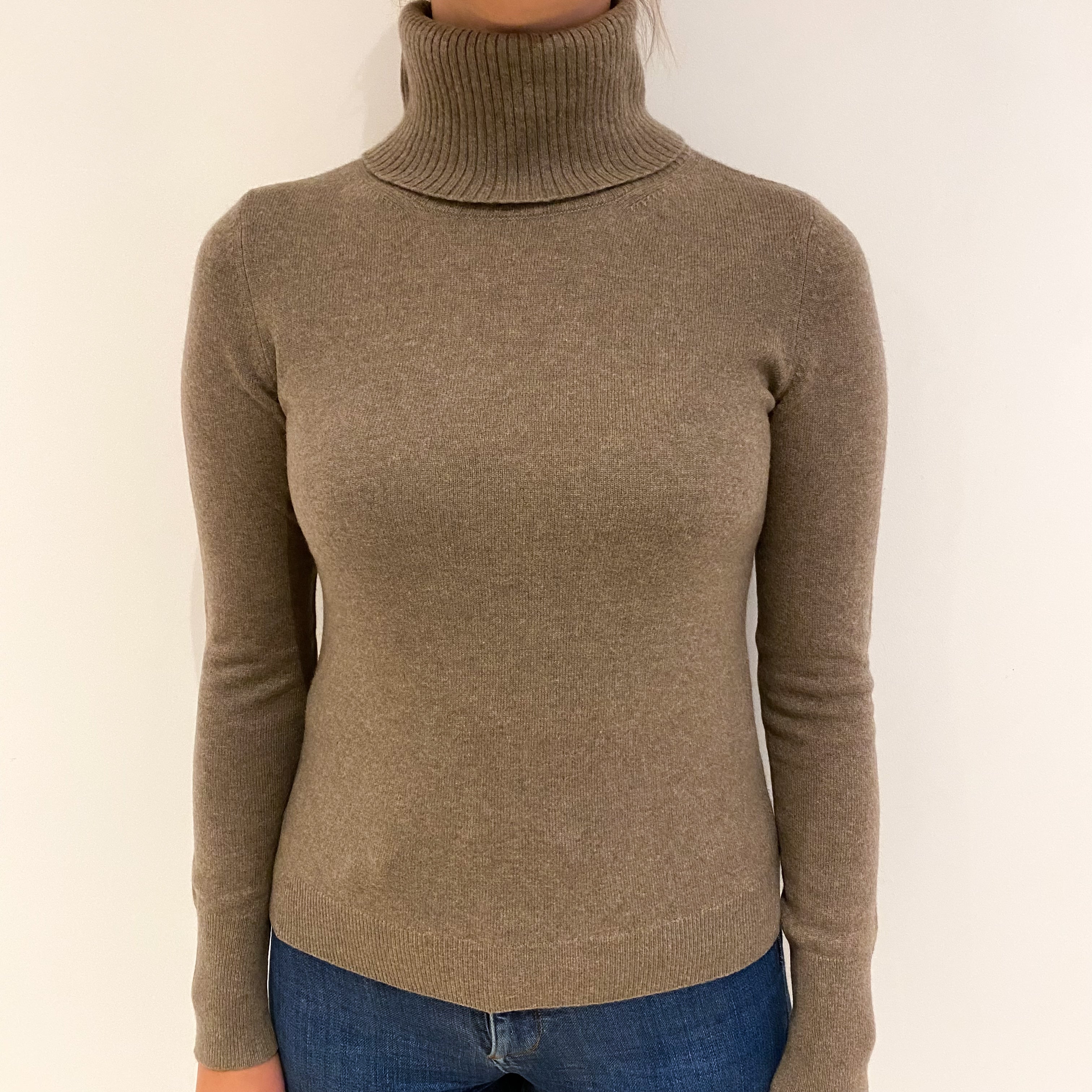 Mocha Brown Cashmere Polo Neck Jumper Small