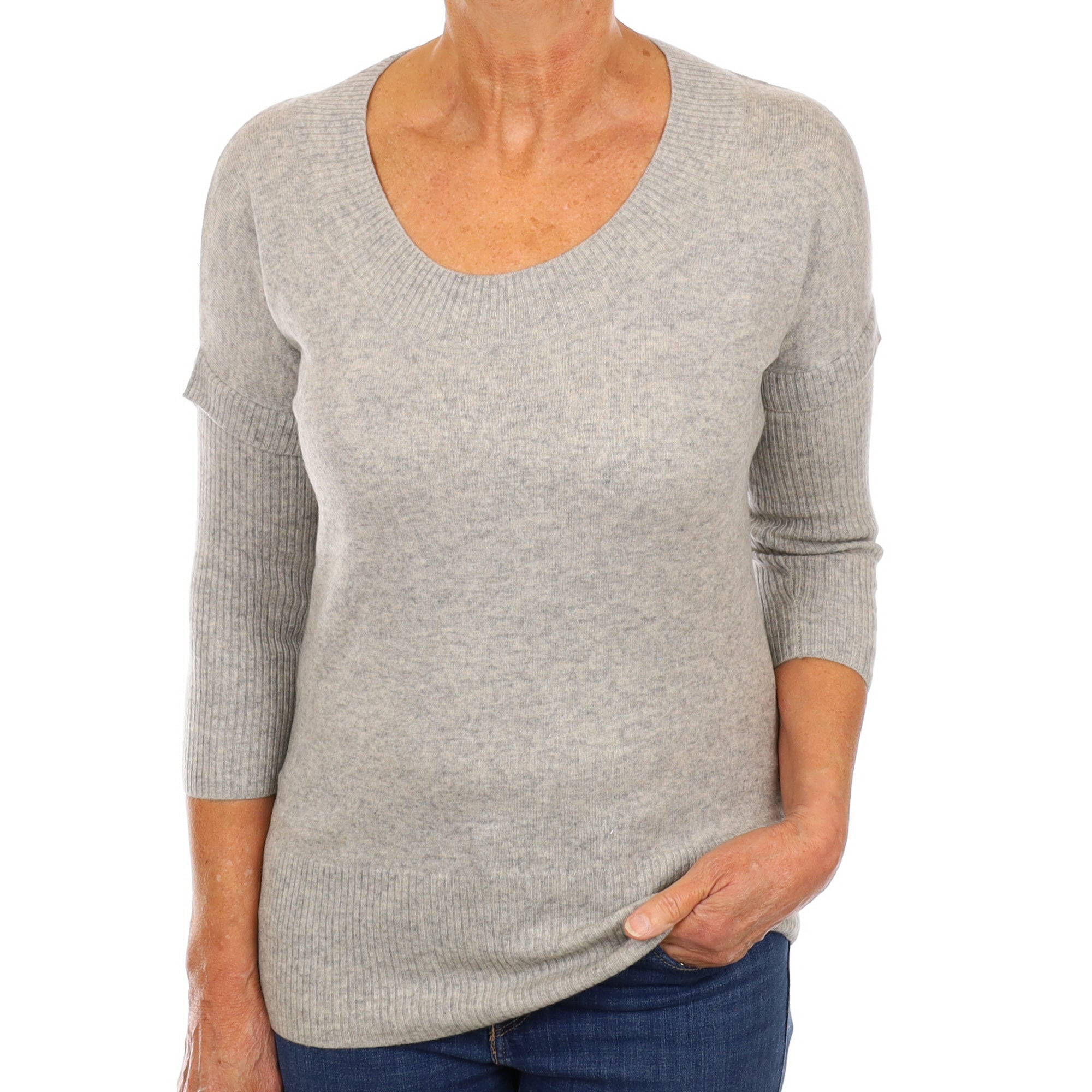 Smoke Grey Cashmere Feature Sleeve Scoop Neck Jumper Medium