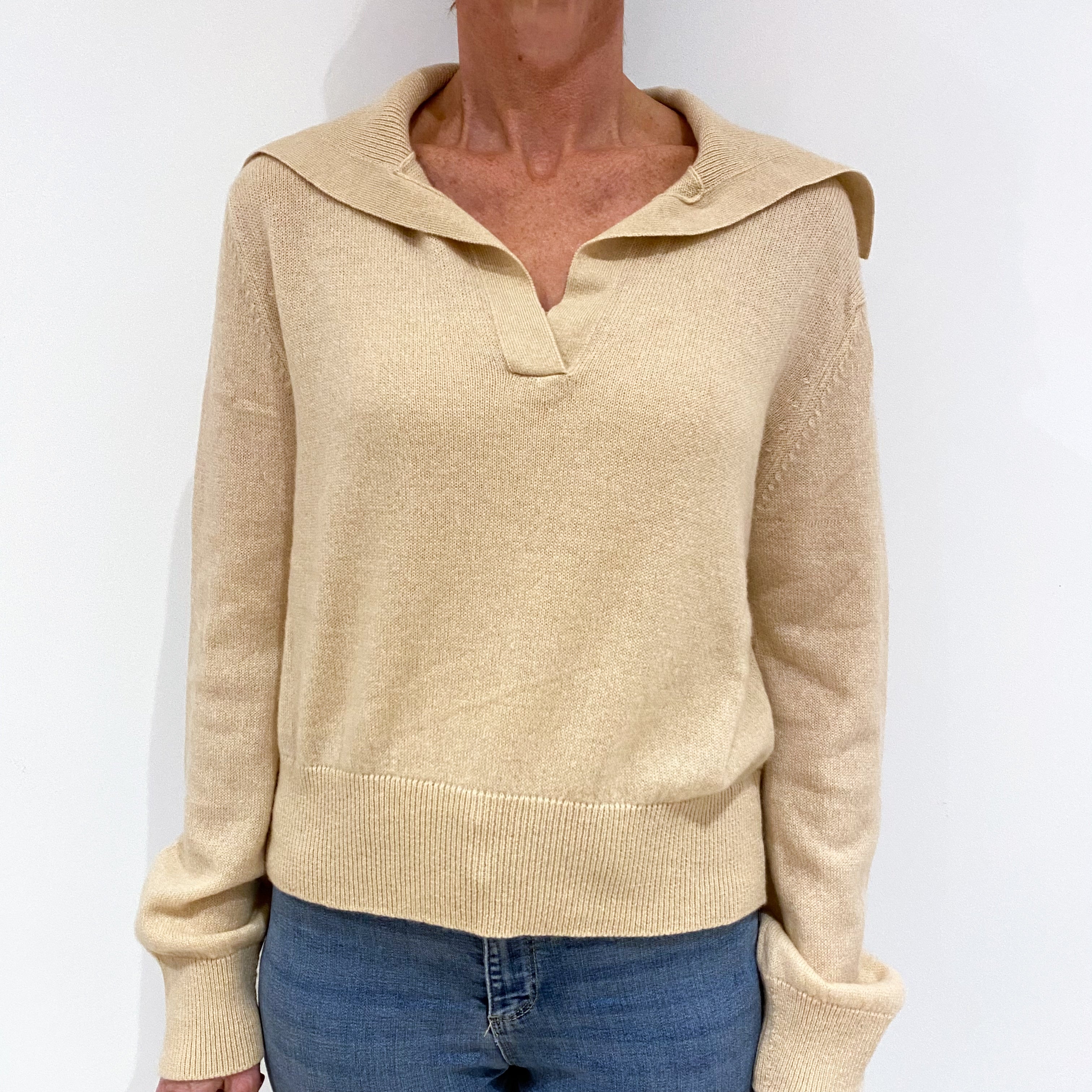 New Scottish Soft Beige Cashmere Collared V-Neck Jumper Small