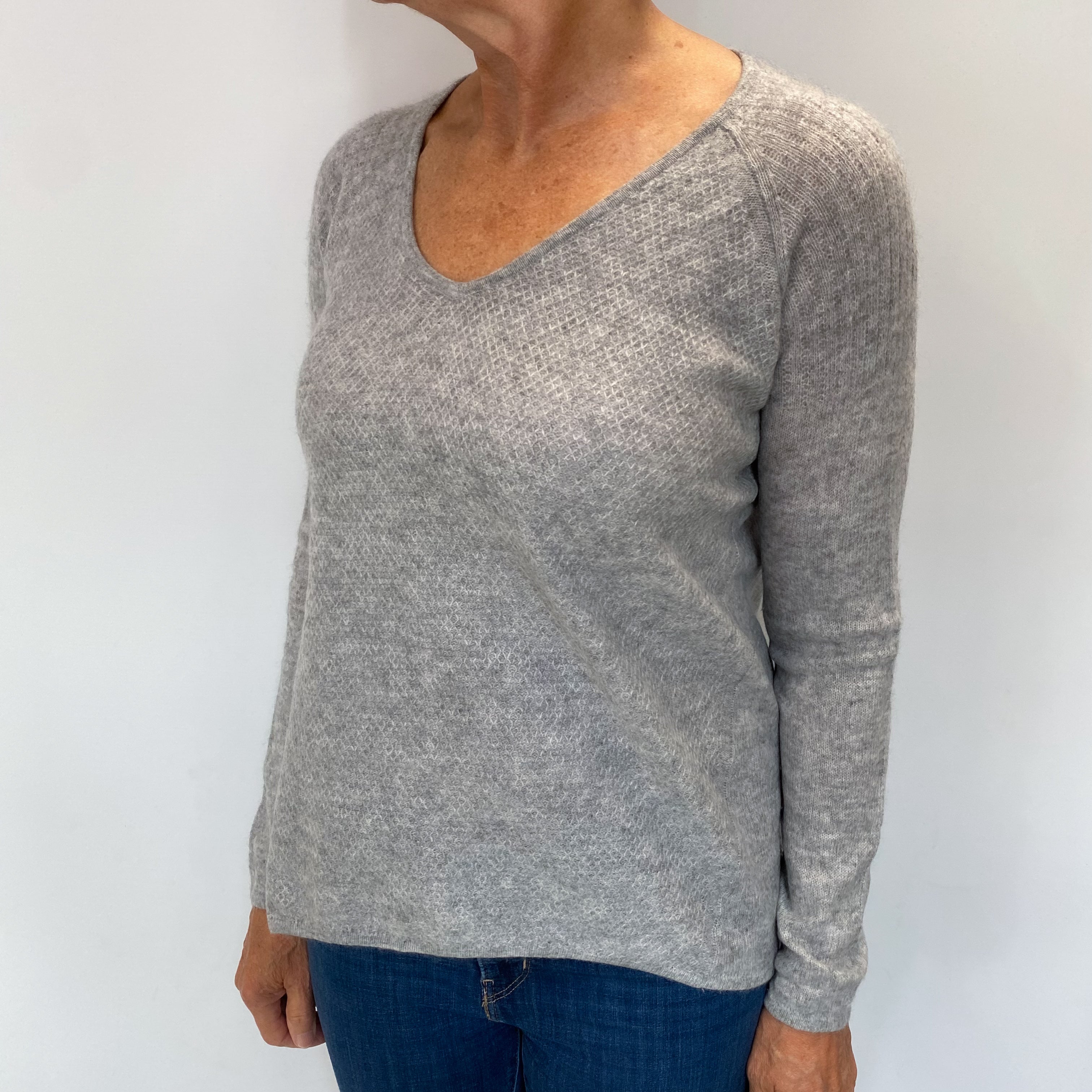 Mist Grey Textured Cashmere V Neck Jumper Medium