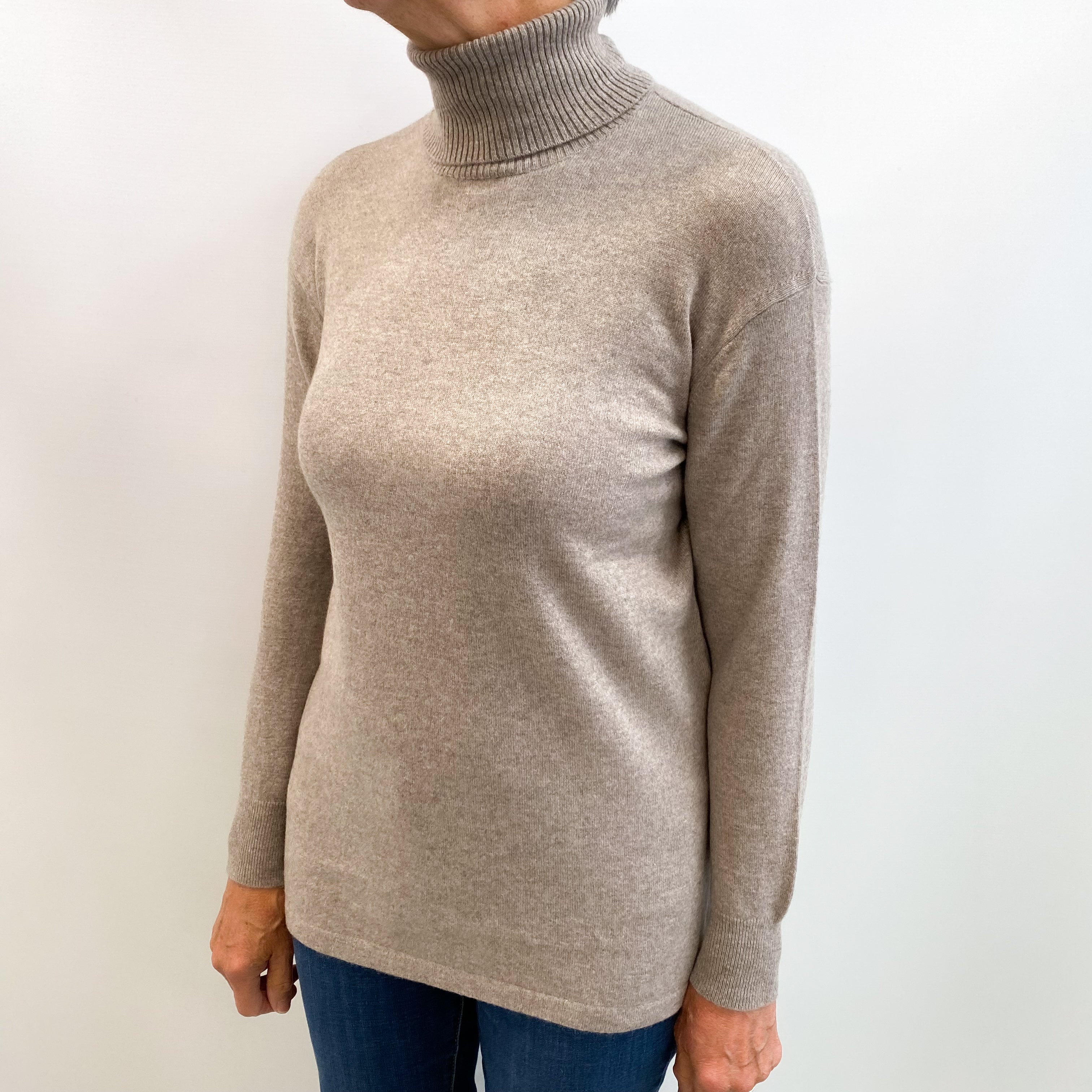 Fawn Beige Cashmere Polo Neck Jumper Medium