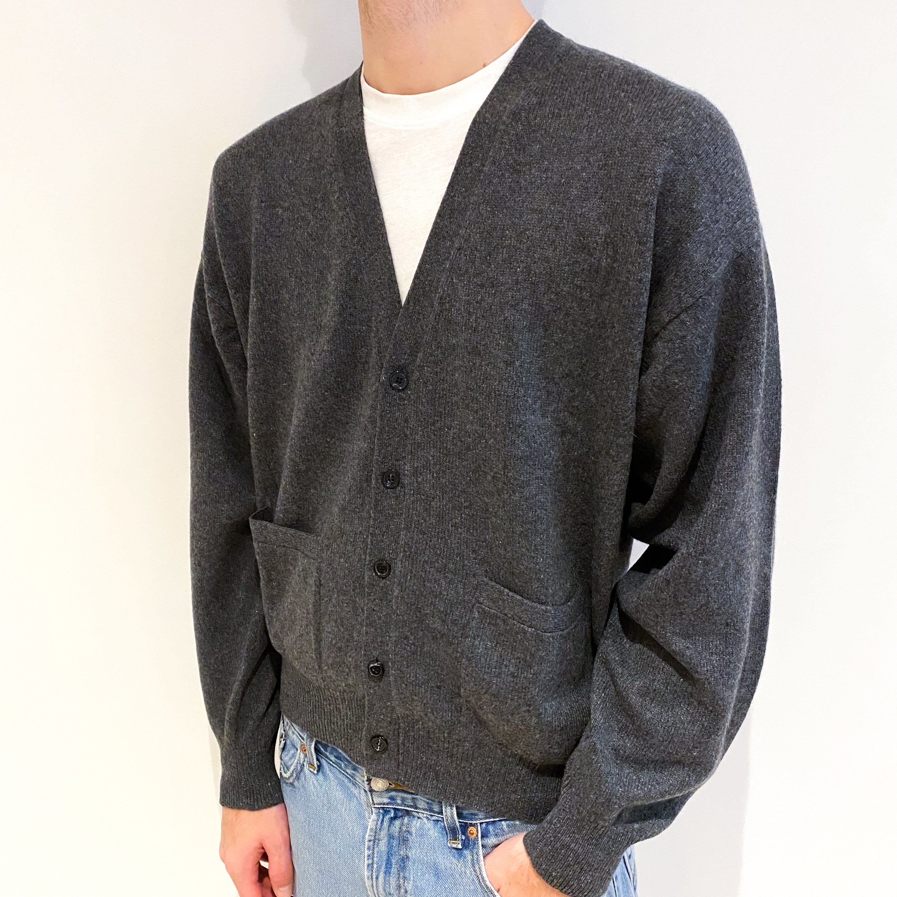 Men's Smoke Grey Cashmere V Neck Cardigan With Pockets Large