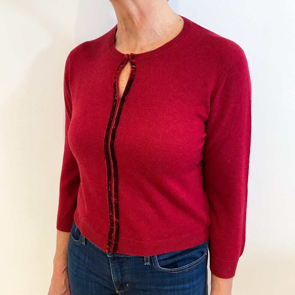 Brora Crimson Red Hook and Eye Keyhole Design  Cashmere Crew Neck Cardigan Medium