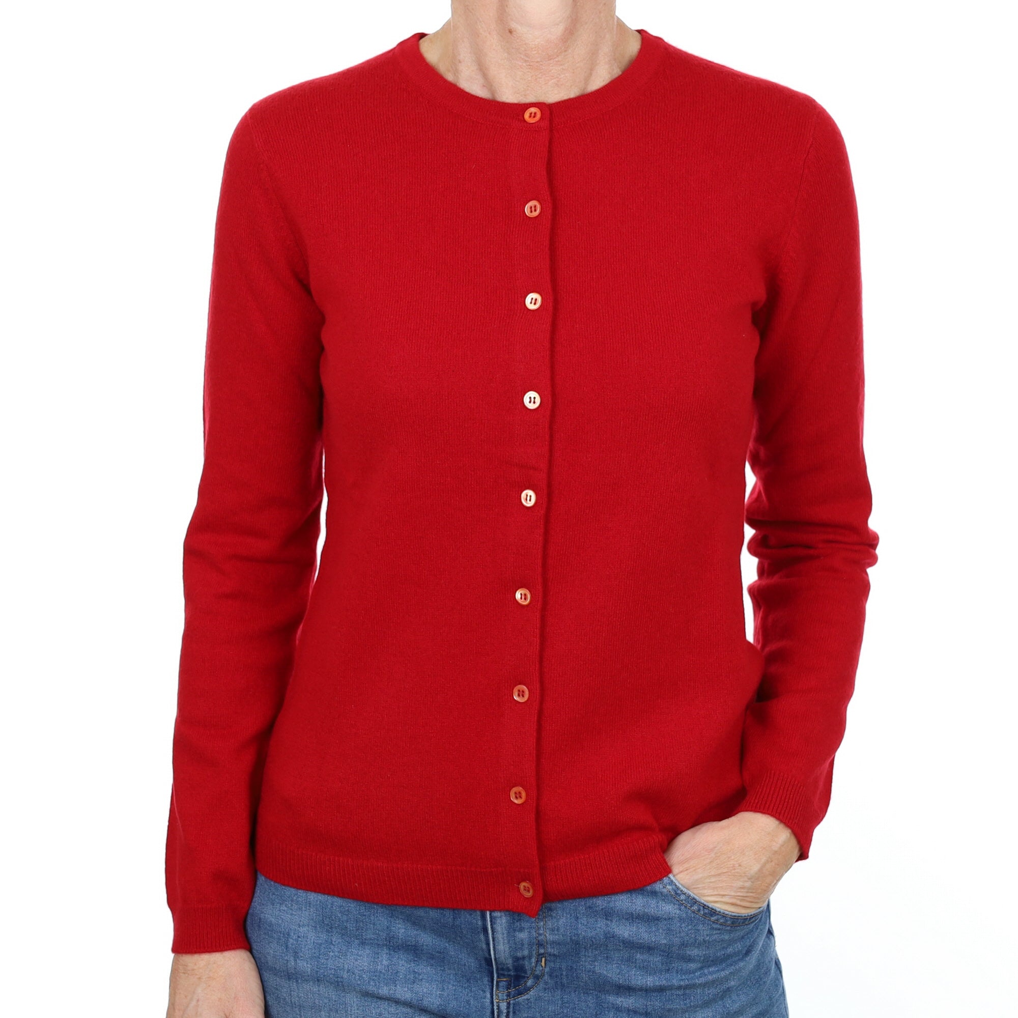 New Berry Red Cashmere Crew Neck Cardigan Small