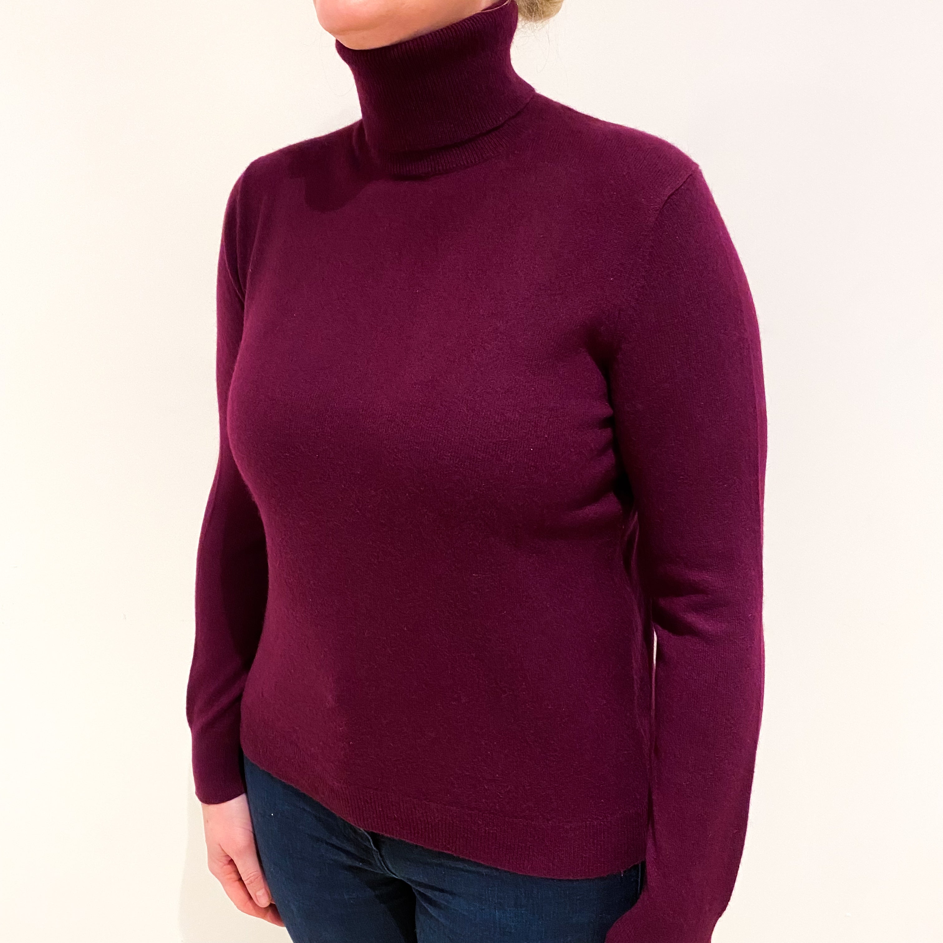 Aubergine Purple Cashmere Polo Neck Jumper Large