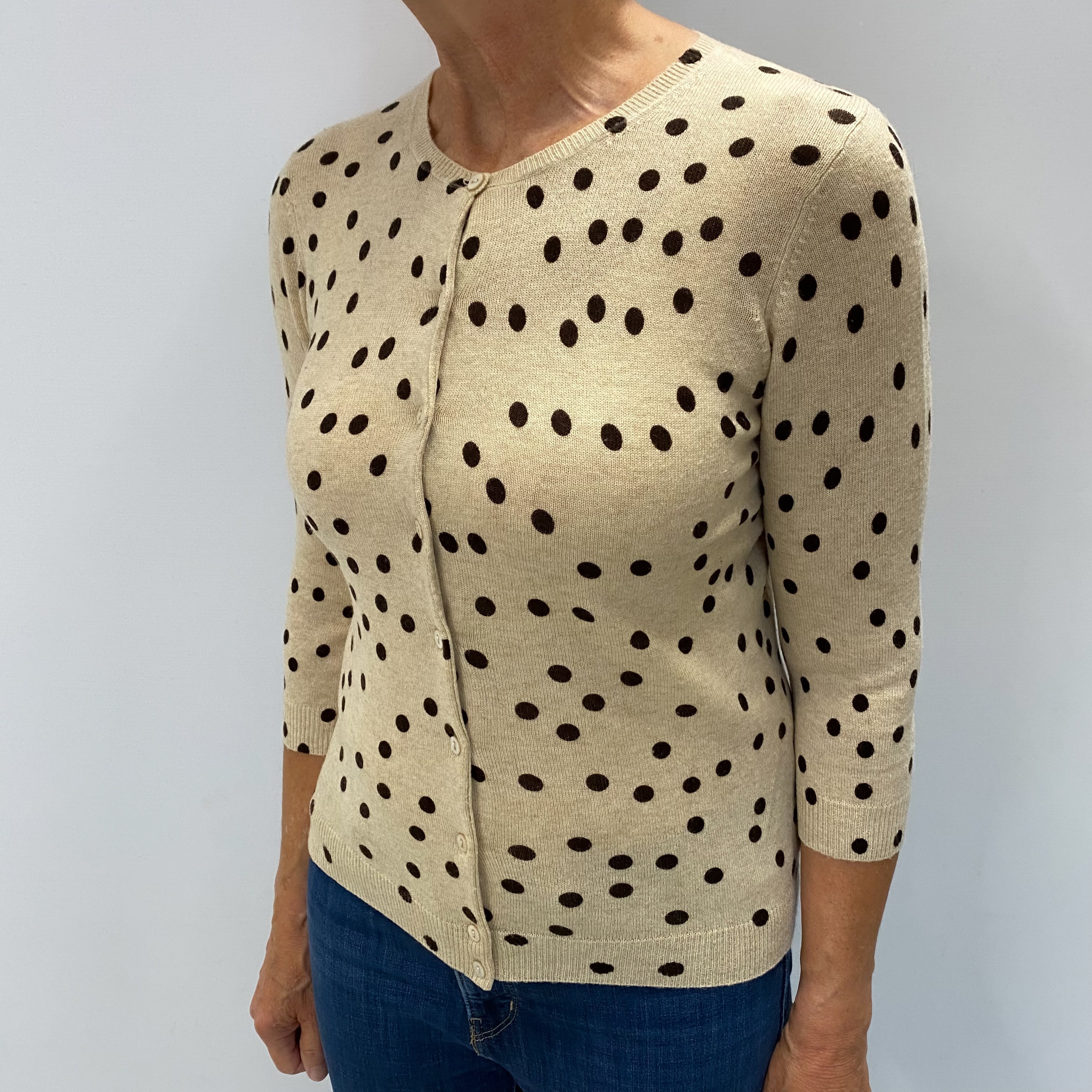Sand Chocolate Polka Dot Cashmere Crew Neck Cardigan Medium