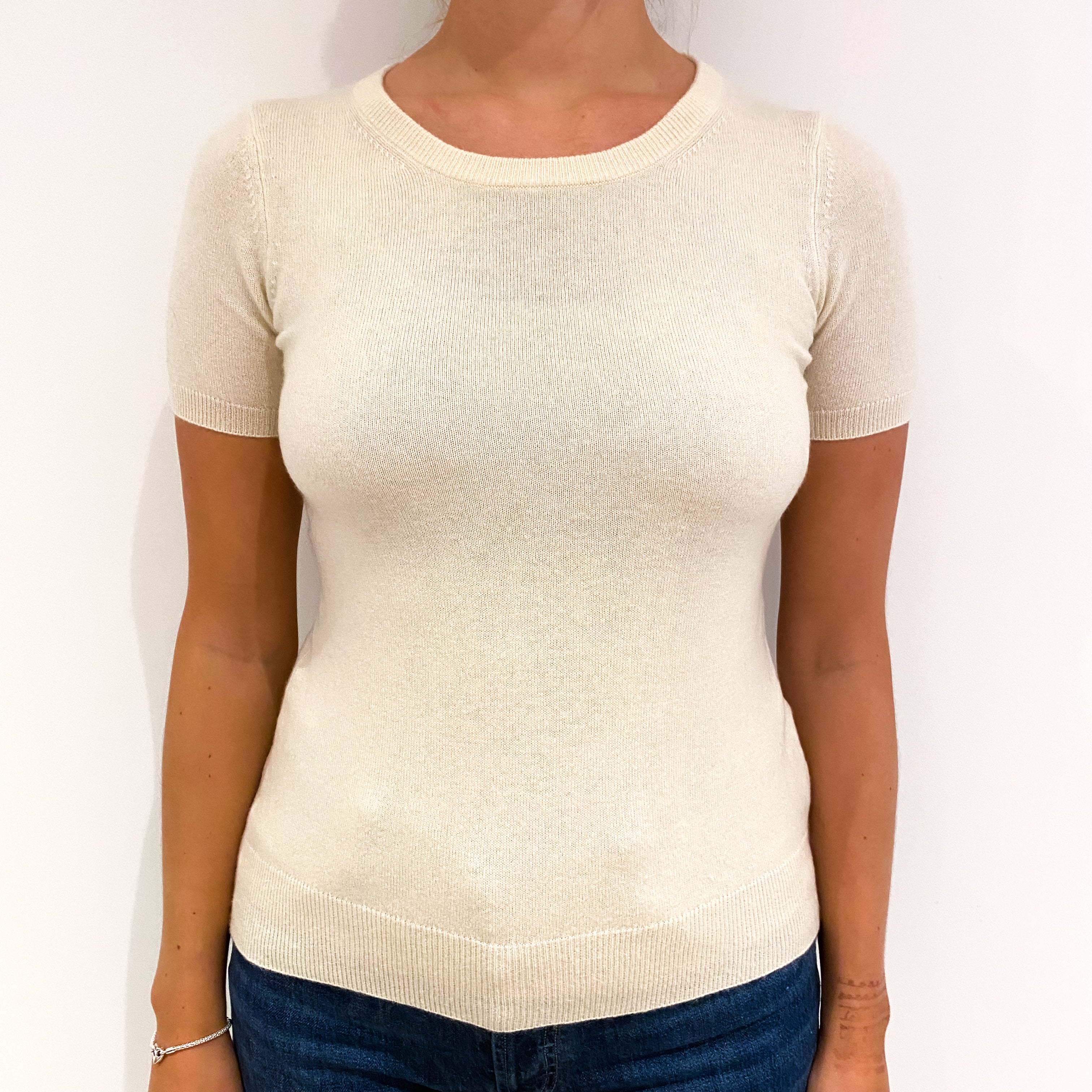 Cream Short Sleeved Cashmere Crew Neck Jumper Small