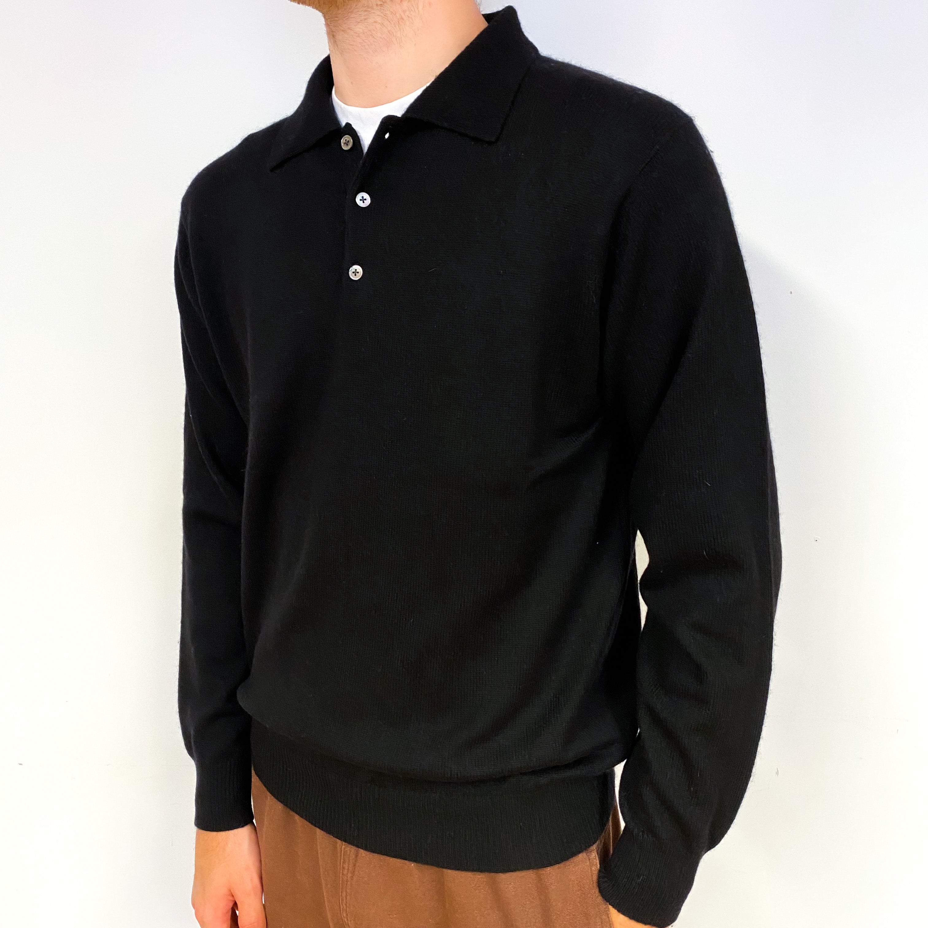 Men's Black Cashmere Collared 1/4 Button Jumper Large